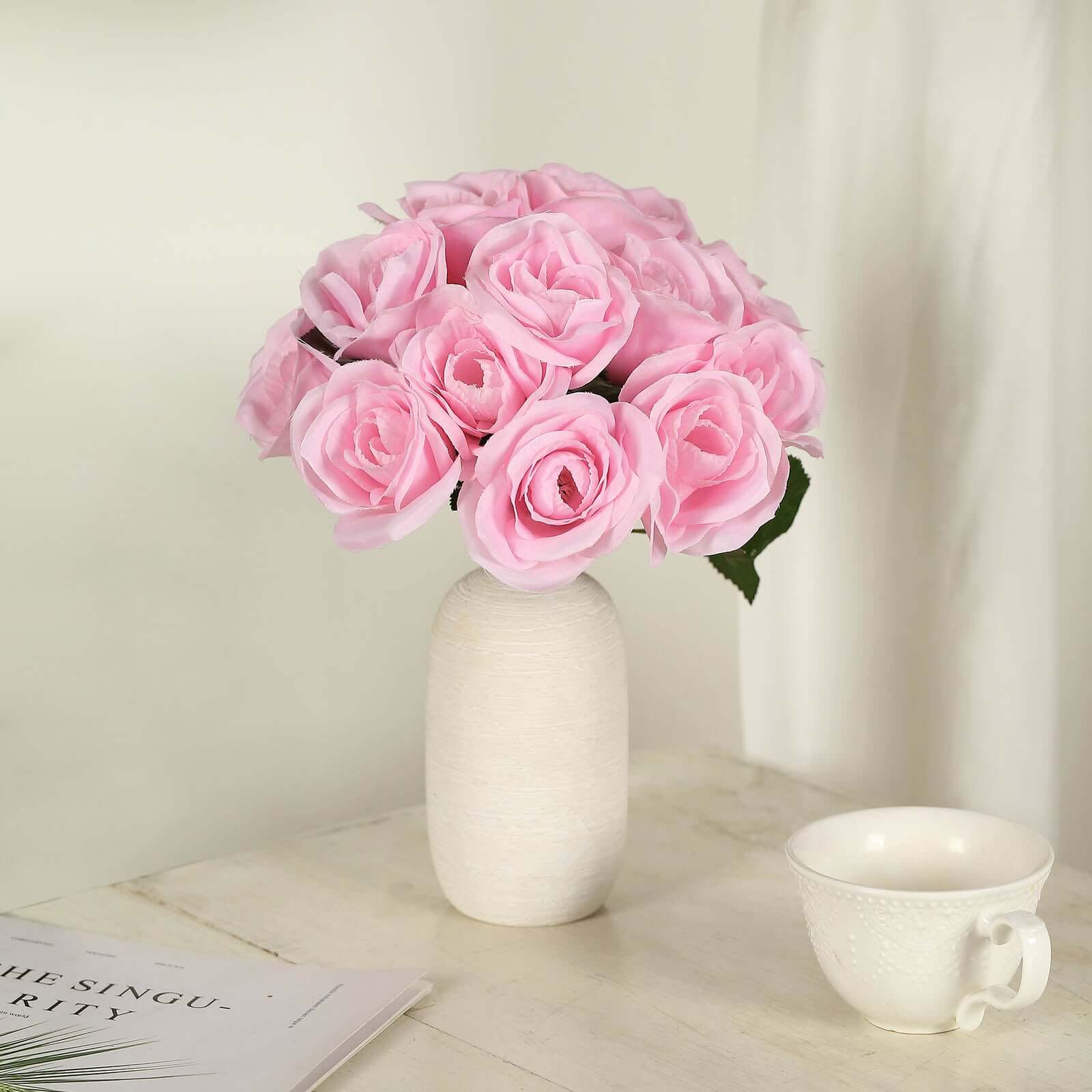12" Pink Artificial Velvet-Like Rose Flower Bouquet