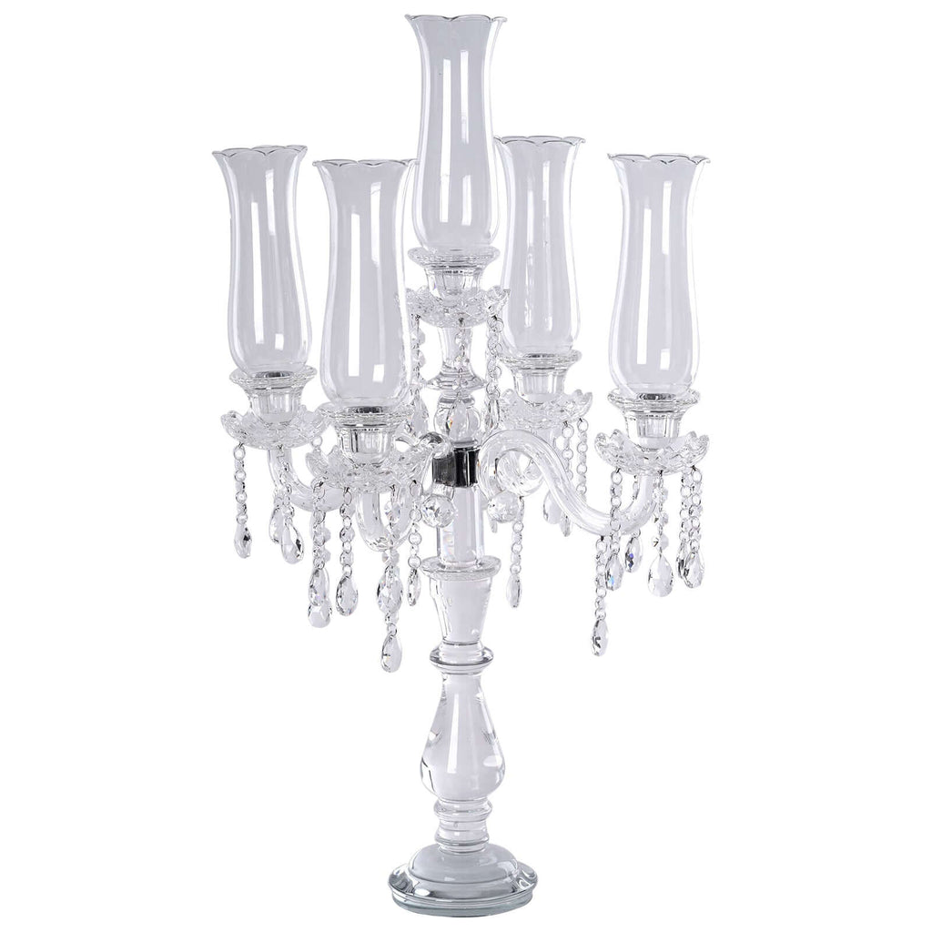 5 Arm Crystal Glass Taper Candle Holder Candelabra, Stylish Table Centerpiece With Chandelier Chains 32"
