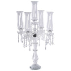 5 Arm Crystal Glass Taper Candle Holder Candelabra, Stylish Table Centerpiece With Chandelier Chains 32"