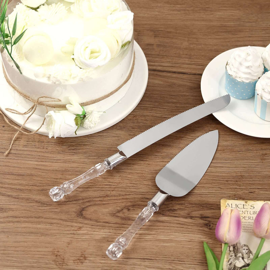 2 Set Knife and Server Stainless Steel with Clear Acrylic Handle - Party Favors with Gift Box 10" & 12"
