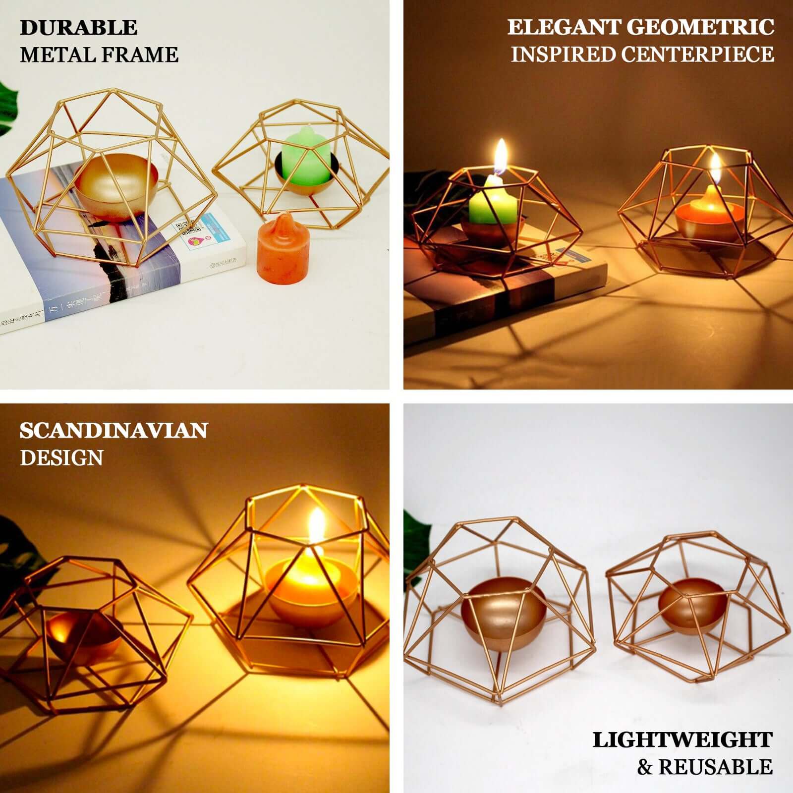 Set of 2 Candle Holders Metal Hexagon Geometric Design Gold - Modern Decorative Centerpieces for Tables 4"x3"