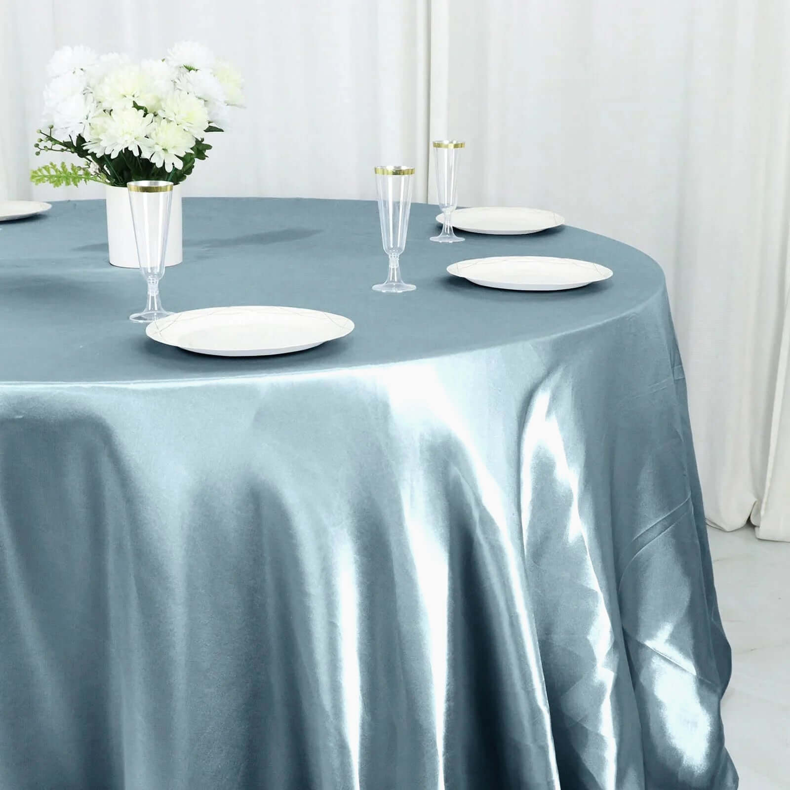 Satin 132" Round Tablecloth Dusty Blue - Stylish Seamless Table Cover