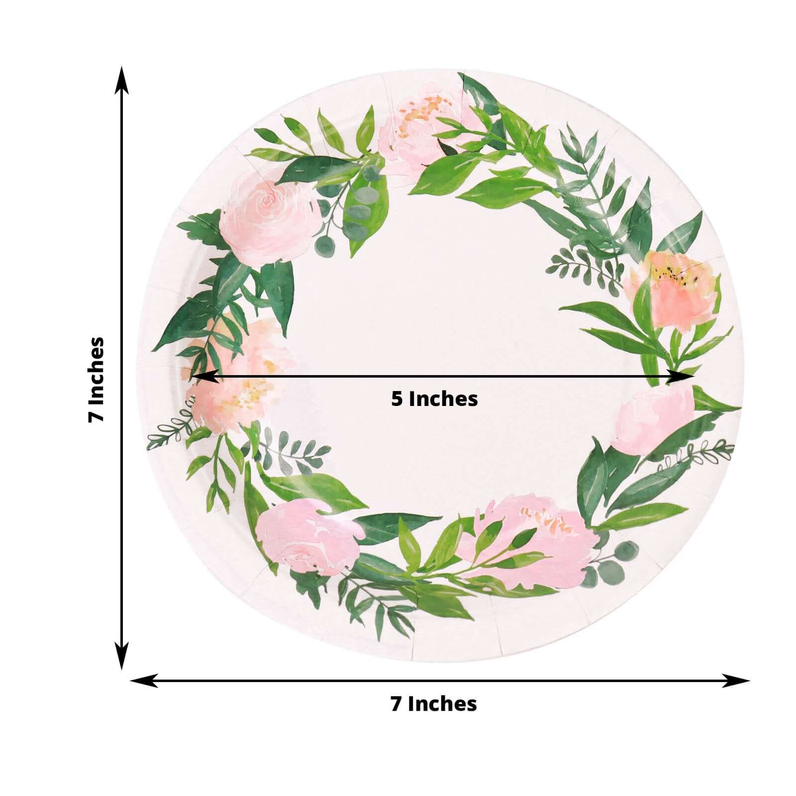 25-Pack Paper 7" Round Dessert Plates in White with Rose/Peony Flower Wreath - Disposable Appetizer Salad Plates for Special Occasions & Gatherings