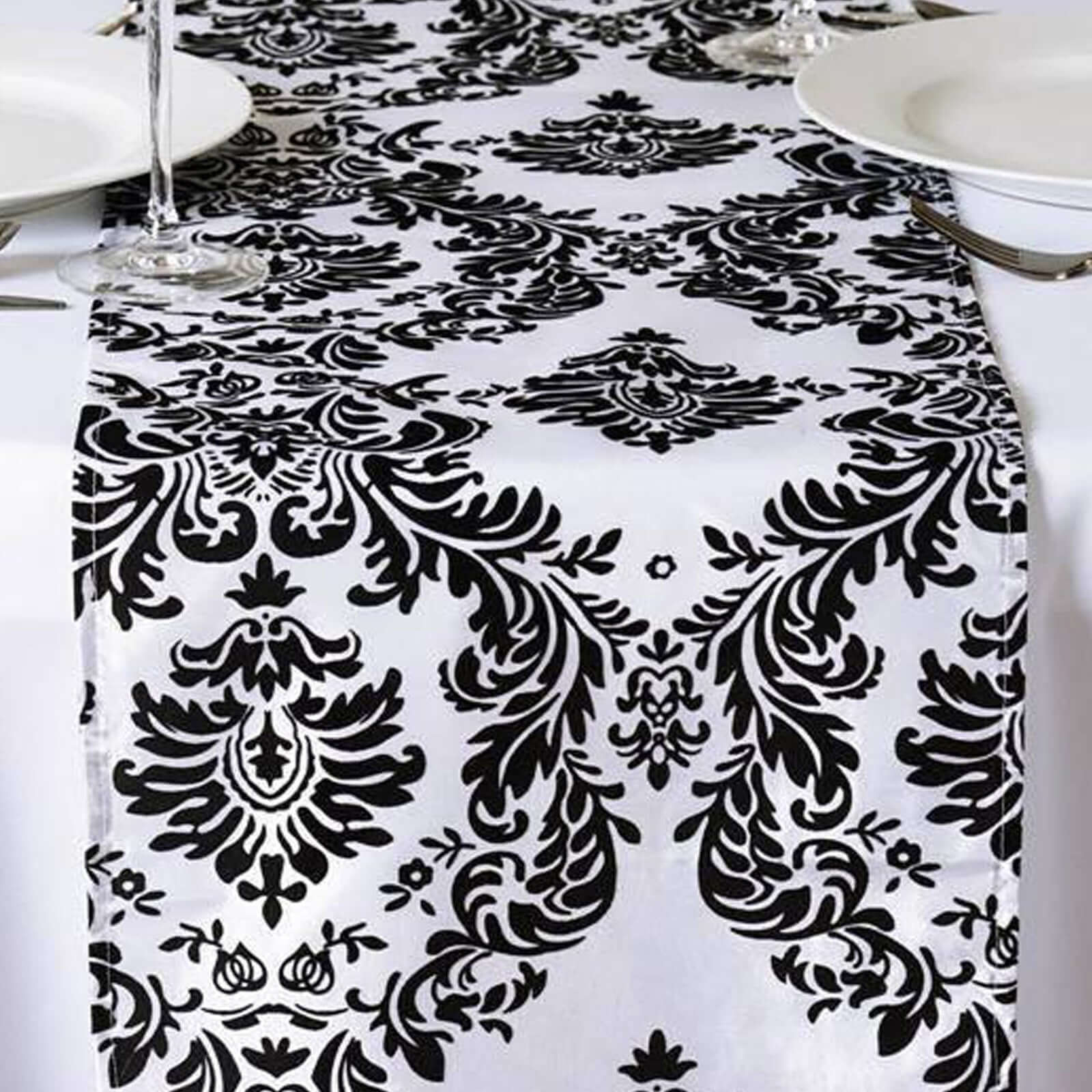 Taffeta Flocking 12"x108" Table Runner Black Damask - Stylish Table Accent