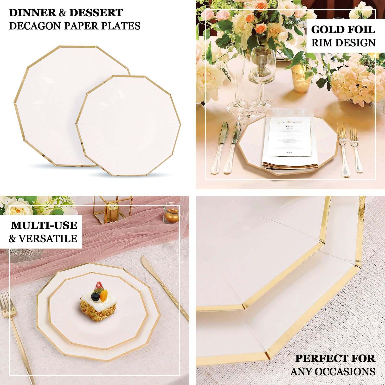 25-Pack Paper 7" Decagon Appetizer Plates in White with Gold Foil Rim - Stylish Geometric Dessert/Salad Plates for Cocktail Parties & Receptions