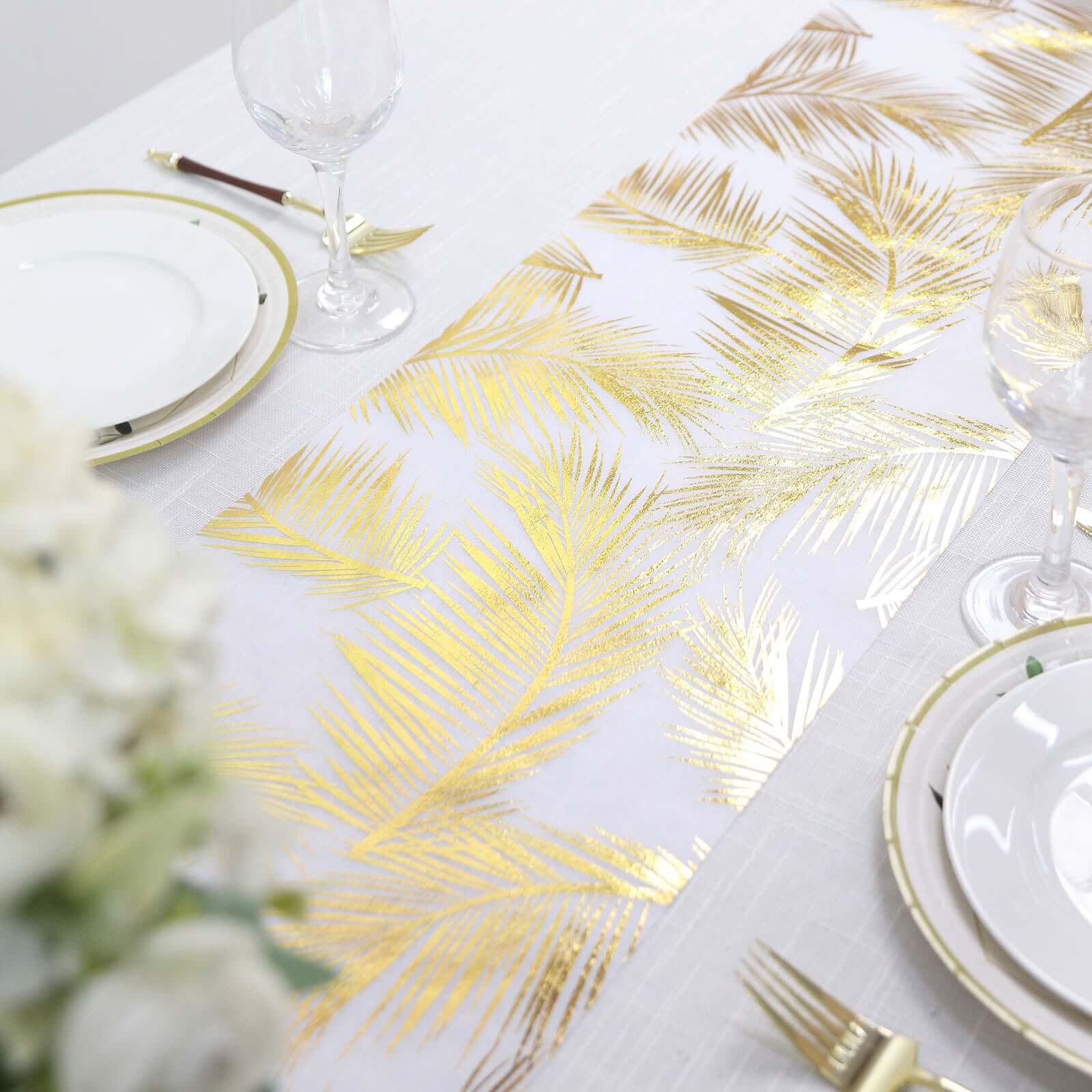 Disposable Table Runner Roll 108" Metallic Gold Foil Palm Leaves Print - Chic Non-Woven Tropical Table Decor for Events