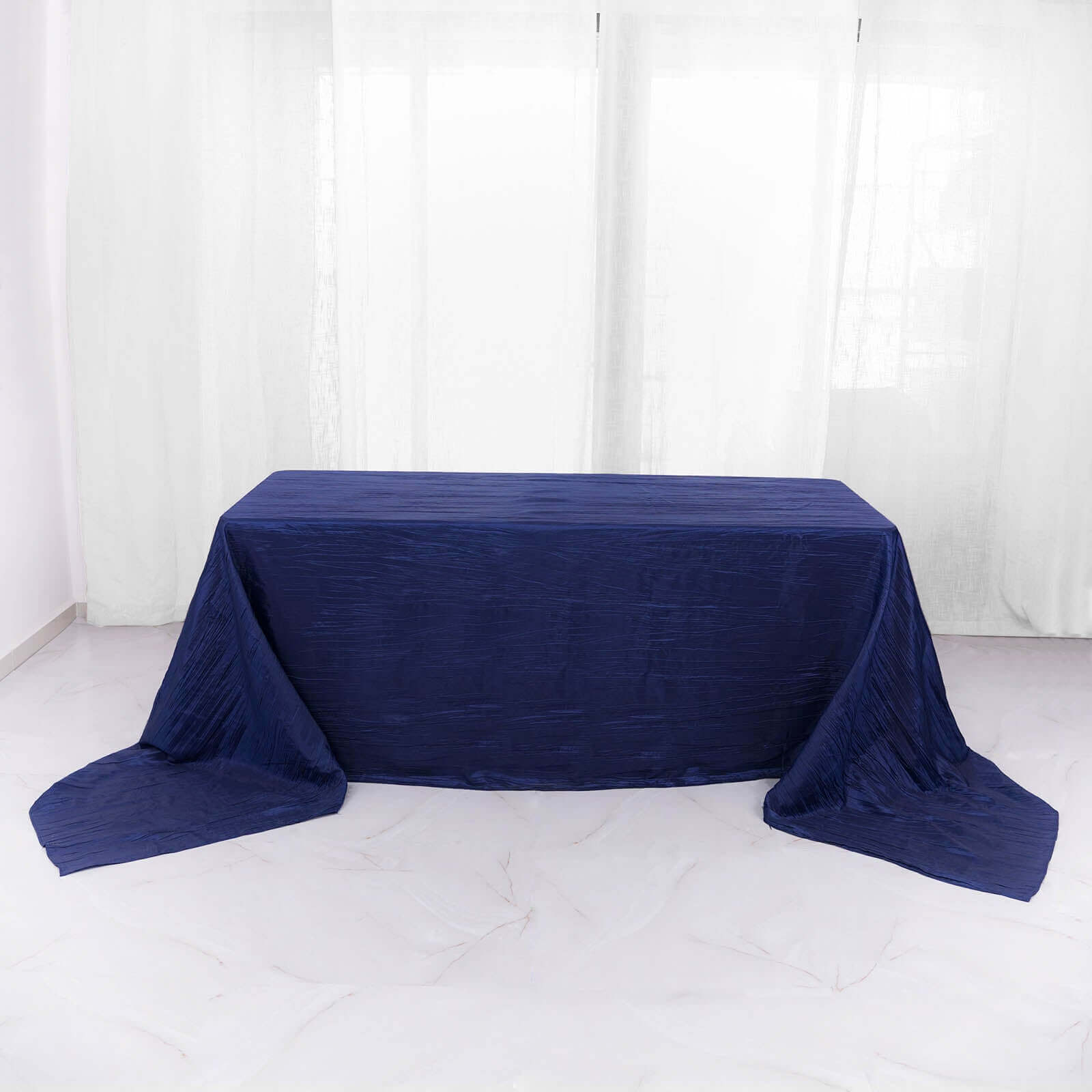 Taffeta 90"x156" Rectangle Tablecloth Navy Blue - Accordion Crinkle Seamless Table Cover