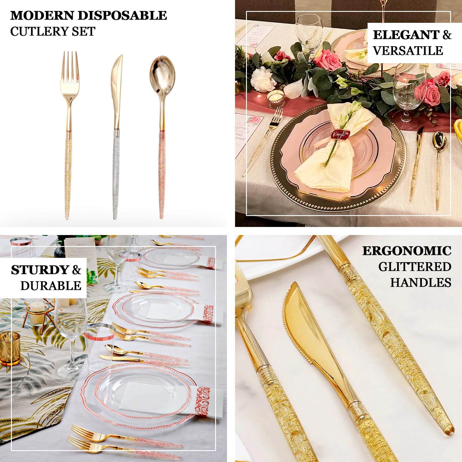 24-Pack Plastic Cutlery Set Metallic Gold with Gold Glitter - Stylish Disposable Silverware Pack 8"