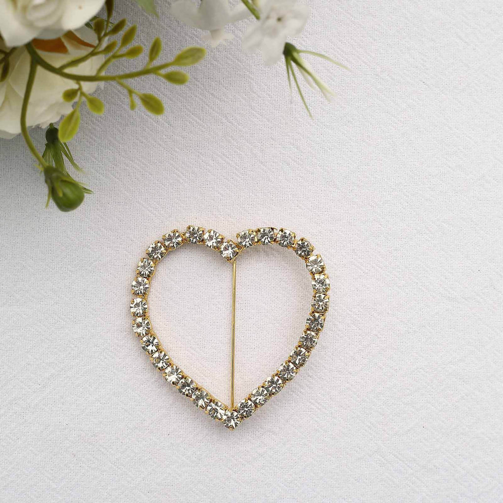 Rhinestone Chair Sash Band Buckle Gold 2" Heart Metal - Glittering Diamond Accent for Weddings & Special Events