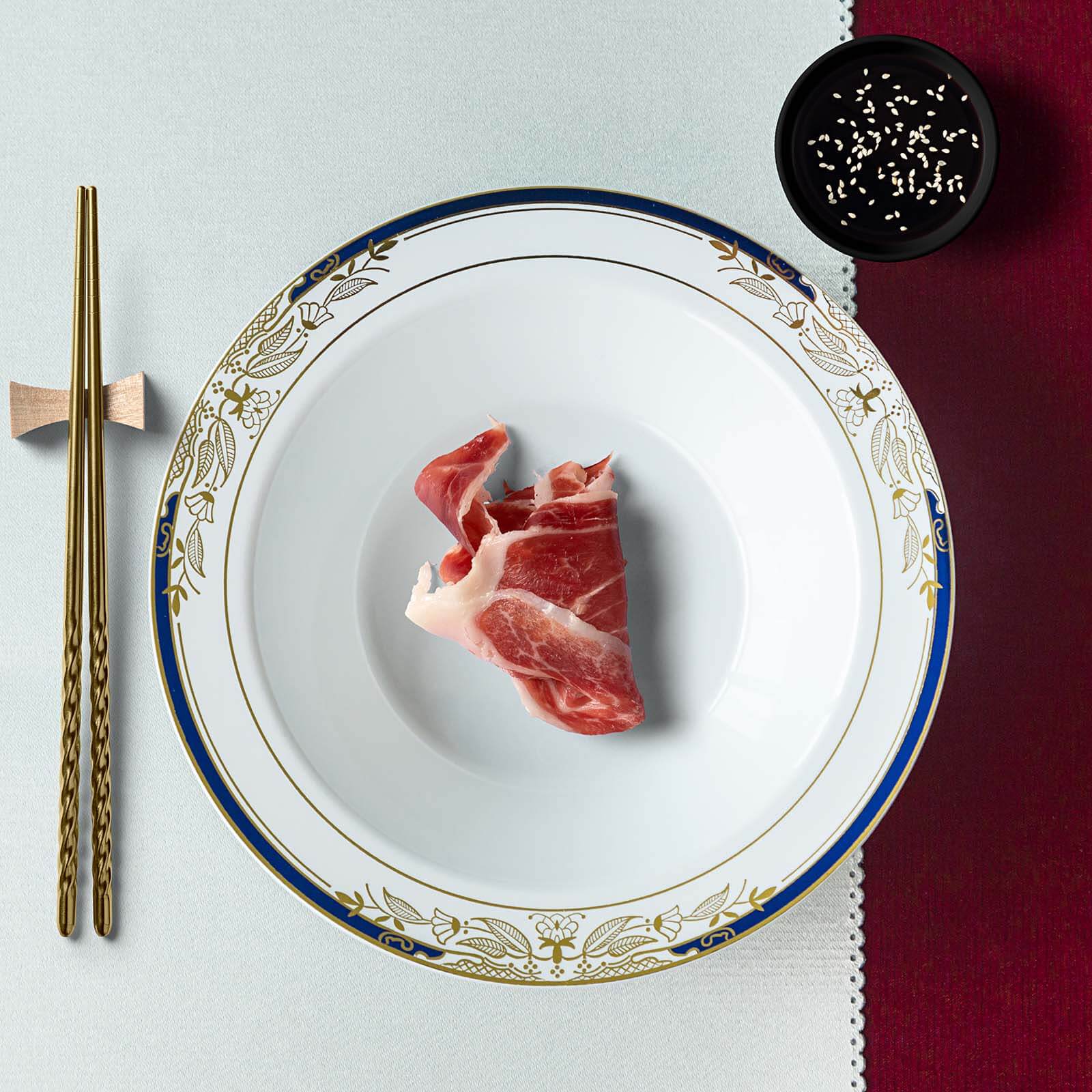 10-Pack Plastic Round Soup Bowl in White with Gold Vine & Royal Blue Rim - Sturdy Disposable Salad Dessert Bowls for Catering & Events 12oz