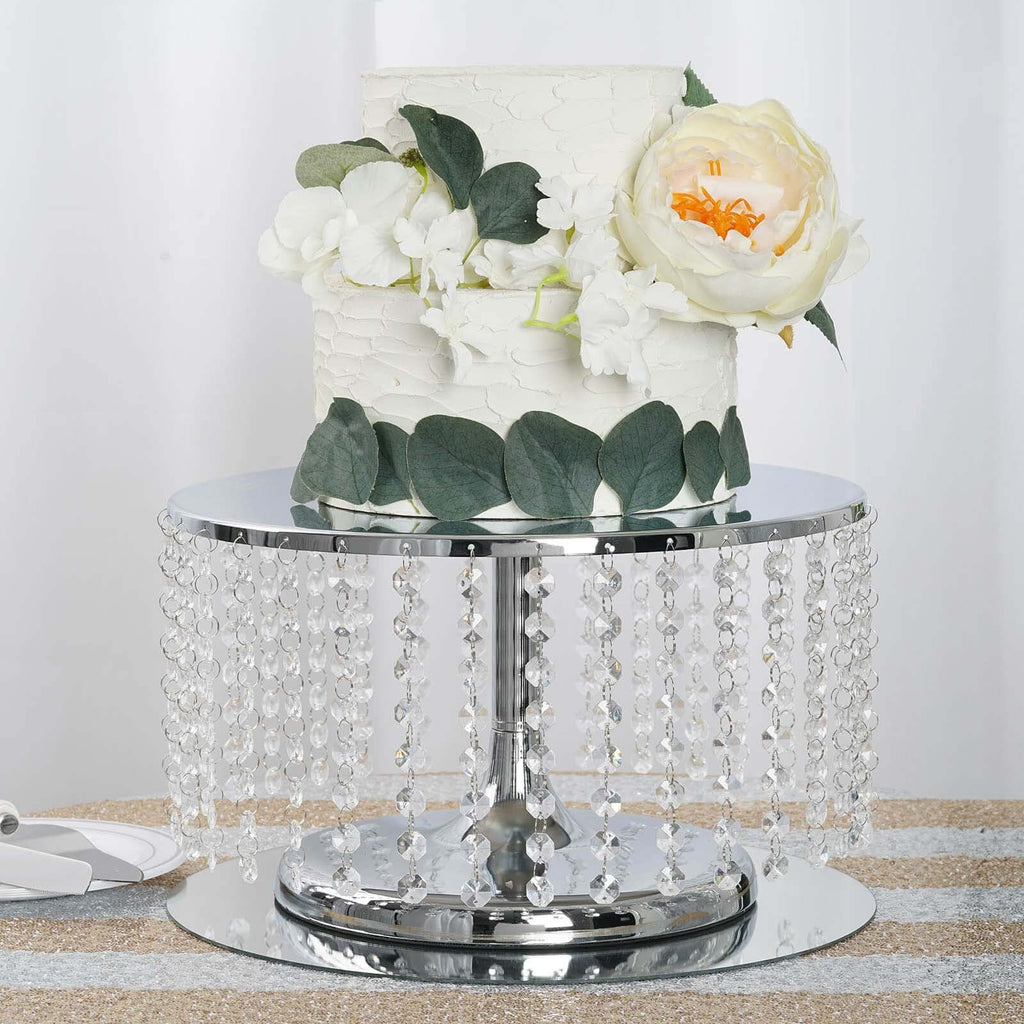 Metal Cake Stand Round Design Metallic Silver with Crystal Chains 14" Dia - Cupcake Dessert Pedestal 8" Tall