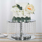 Metal Cake Stand Round Design Metallic Silver with Crystal Chains 14" Dia - Cupcake Dessert Pedestal 8" Tall