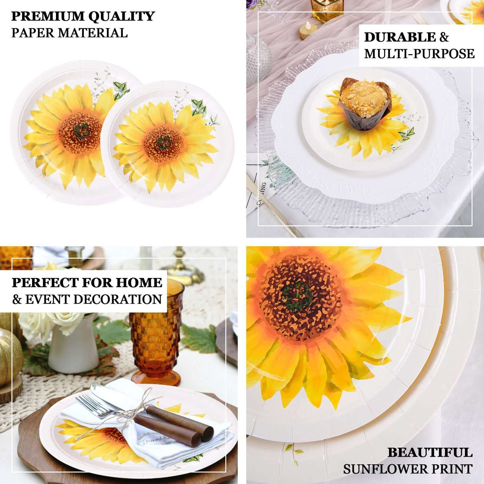 25-Pack Paper 7" Round Dessert Plates White with Sunflower Design - Disposable Salad Plates for Rustic Events & Garden Themes
