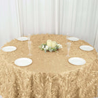 Taffeta 132" Round Tablecloth Champagne | 3D Leaf Petal Design Seamless Table Cover - Bell Racket Store