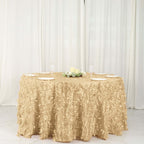 Taffeta 132" Round Tablecloth Champagne | 3D Leaf Petal Design Seamless Table Cover - Bell Racket Store