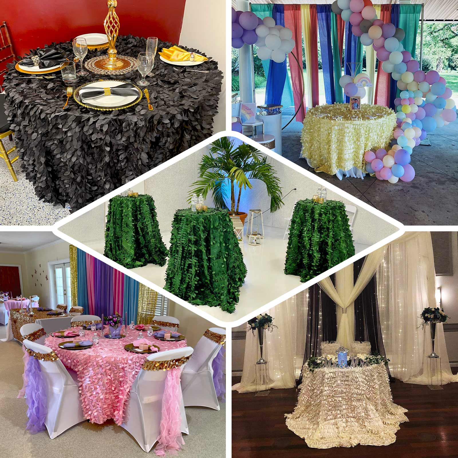 Taffeta 132" Round Tablecloth Ivory | 3D Leaf Petal Design Seamless Table Cover - Bell Racket Store