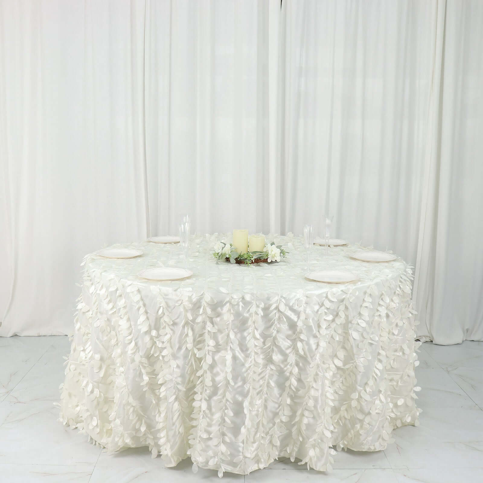 Taffeta 132" Round Tablecloth Ivory | 3D Leaf Petal Design Seamless Table Cover - Bell Racket Store