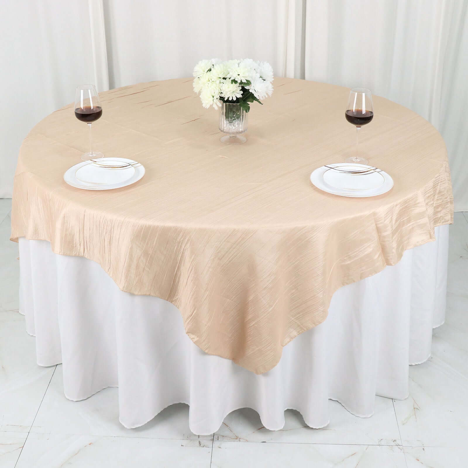 Taffeta 72"x72" Table Overlay Square Tablecloth Beige - Accordion Crinkle Table Cover - Bell Racket Store