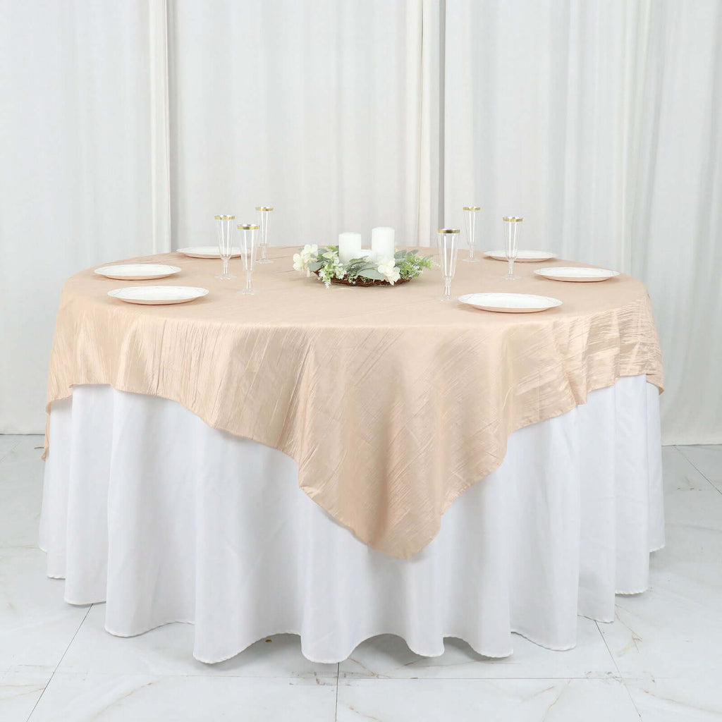 Taffeta 72"x72" Table Overlay Square Tablecloth Beige - Accordion Crinkle Table Cover - Bell Racket Store
