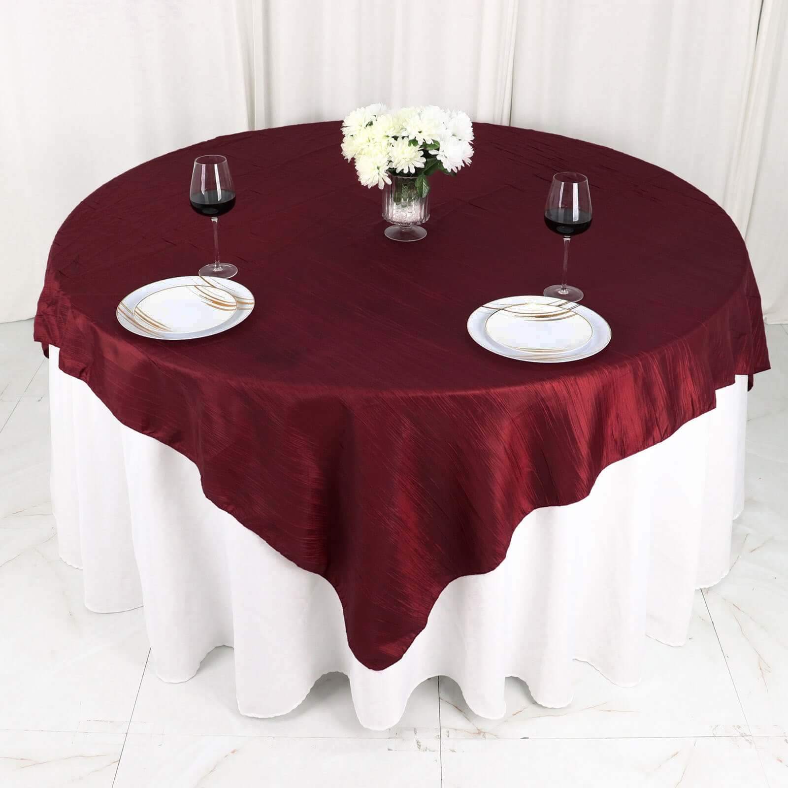 Taffeta 72"x72" Table Overlay Square Tablecloth Burgundy - Accordion Crinkle Table Cover - Bell Racket Store