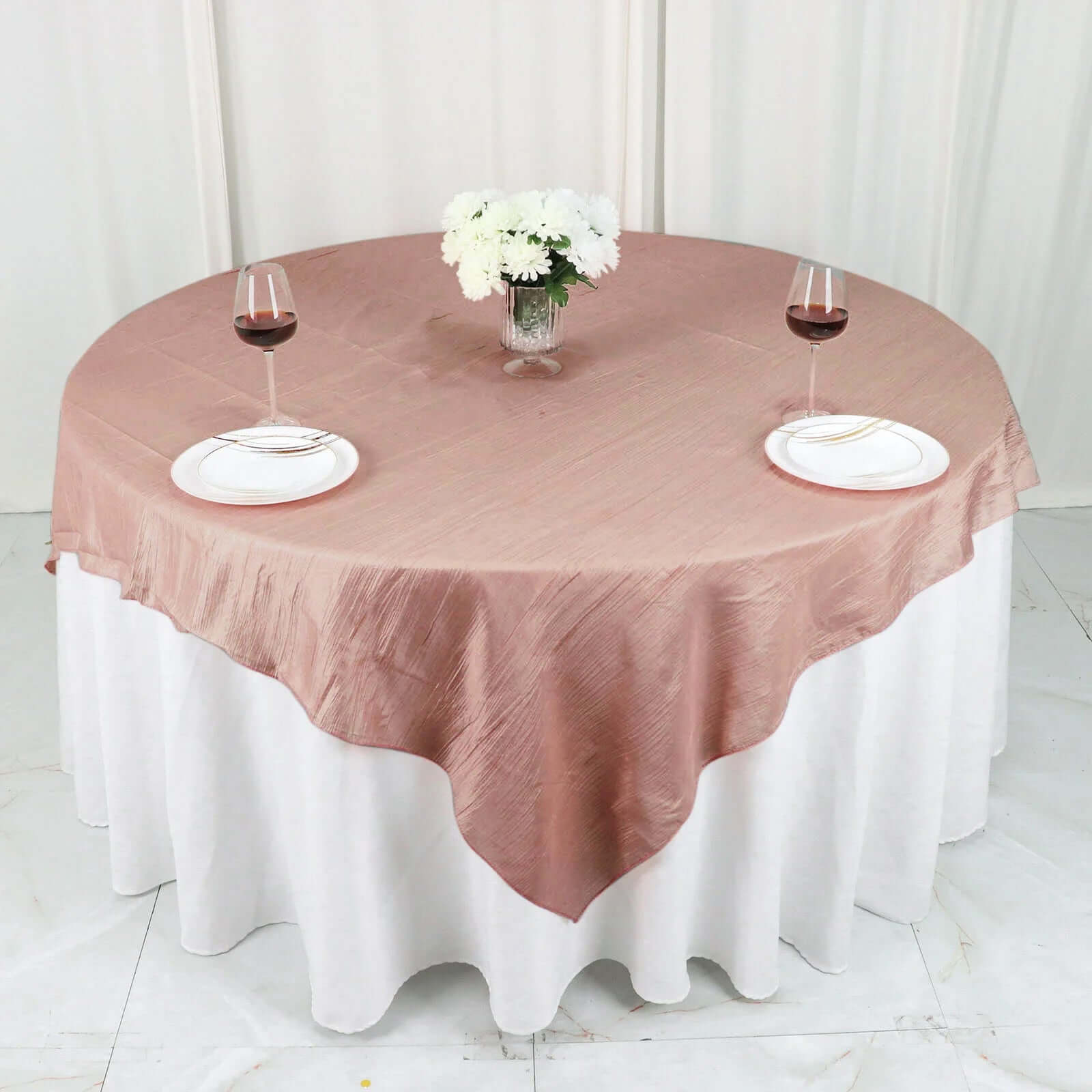 Taffeta 72"x72" Table Overlay Square Tablecloth Dusty Rose - Accordion Crinkle Table Cover - Bell Racket Store