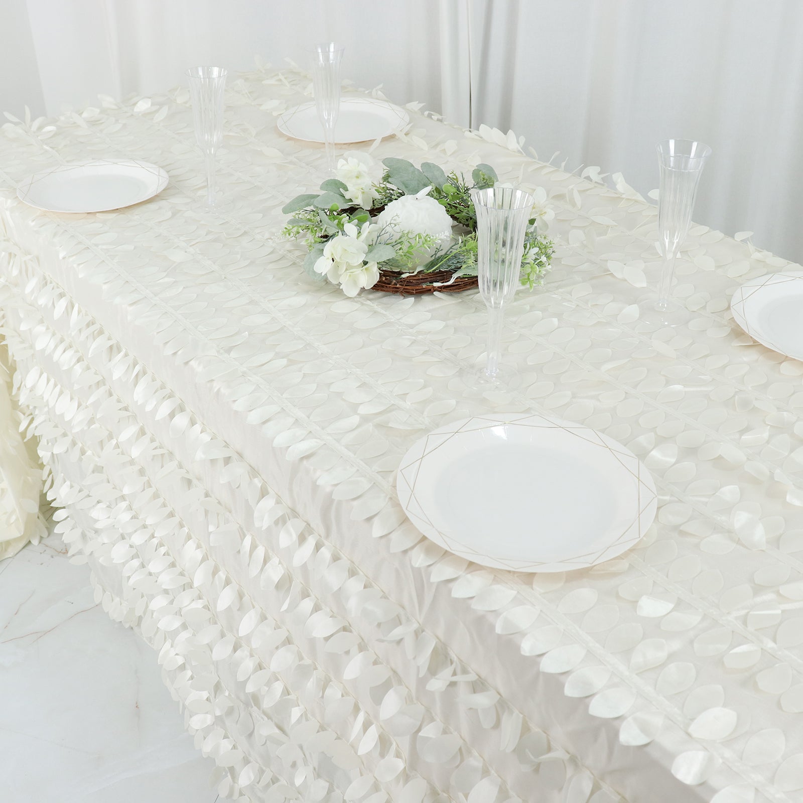 Taffeta 90"x132" Rectangle Tablecloth Ivory | 3D Leaf Petal Design Seamless Table Cover - Bell Racket Store