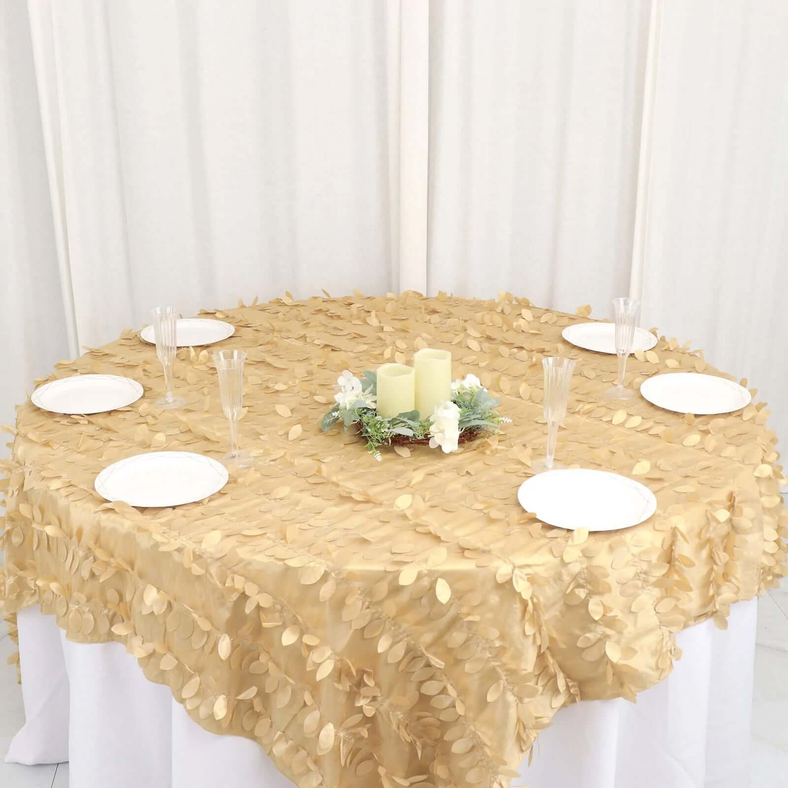 Taffeta 90"x90" Table Overlay Square Tablecloth Champagne - Leaf Petal Design for Stylish Celebrations - Bell Racket Store