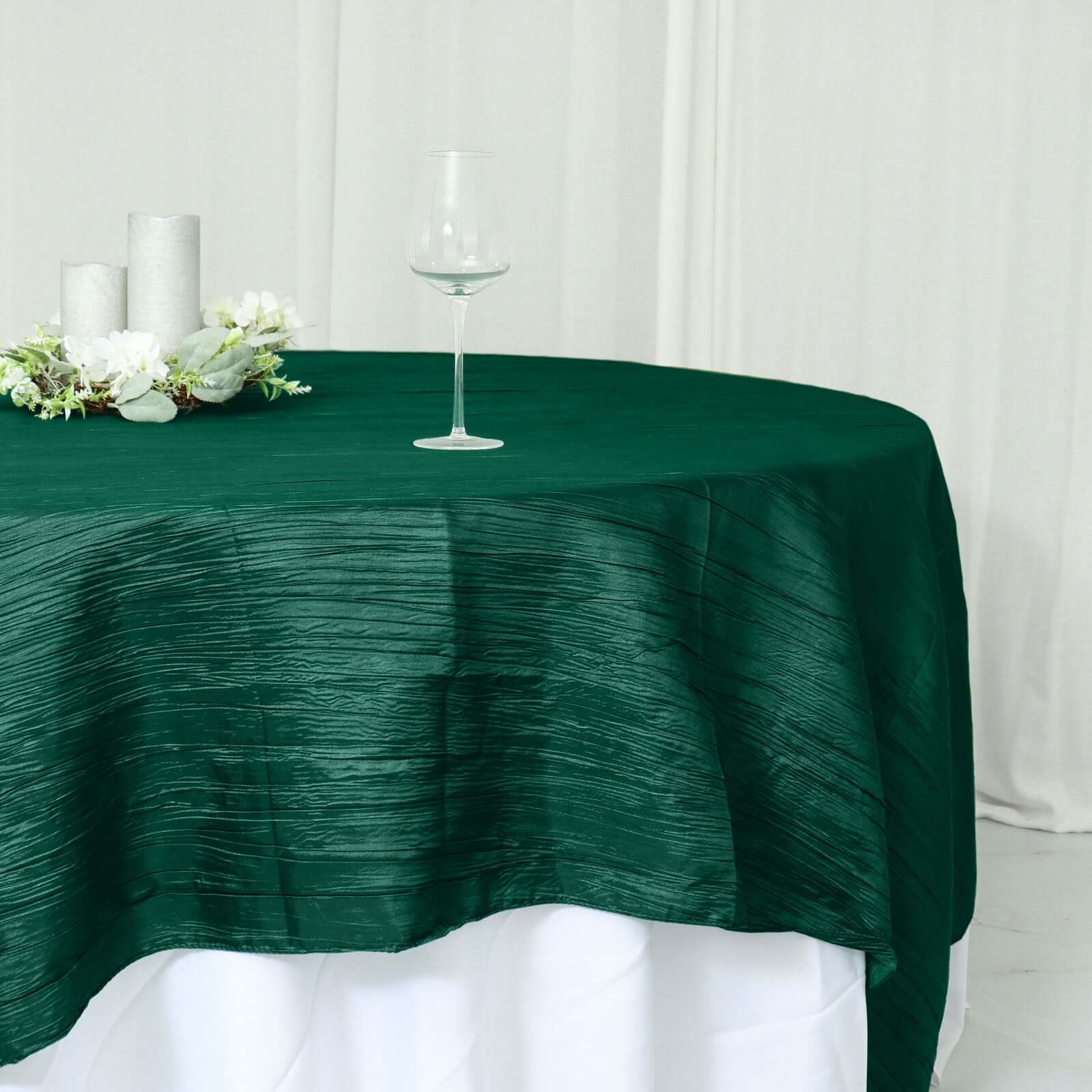Taffeta 90"x90" Table Overlay Square Tablecloth Hunter Emerald Green - Accordion Crinkle Table Cover - Bell Racket Store