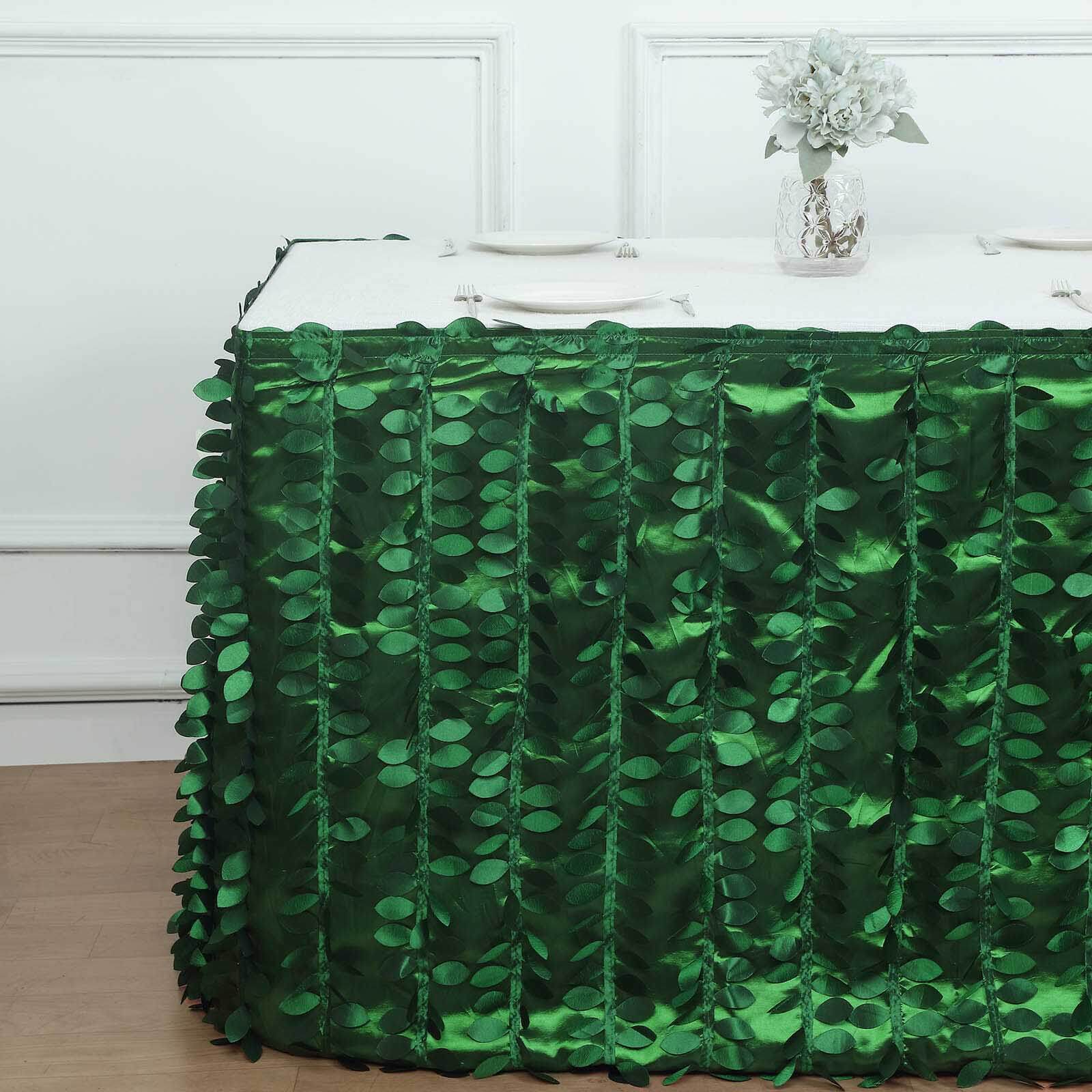 Taffeta Fabric 21ft Table Skirt Green 3D Leaf Petal Design - Exquisite & Stylish Event Table Cover - Bell Racket Store