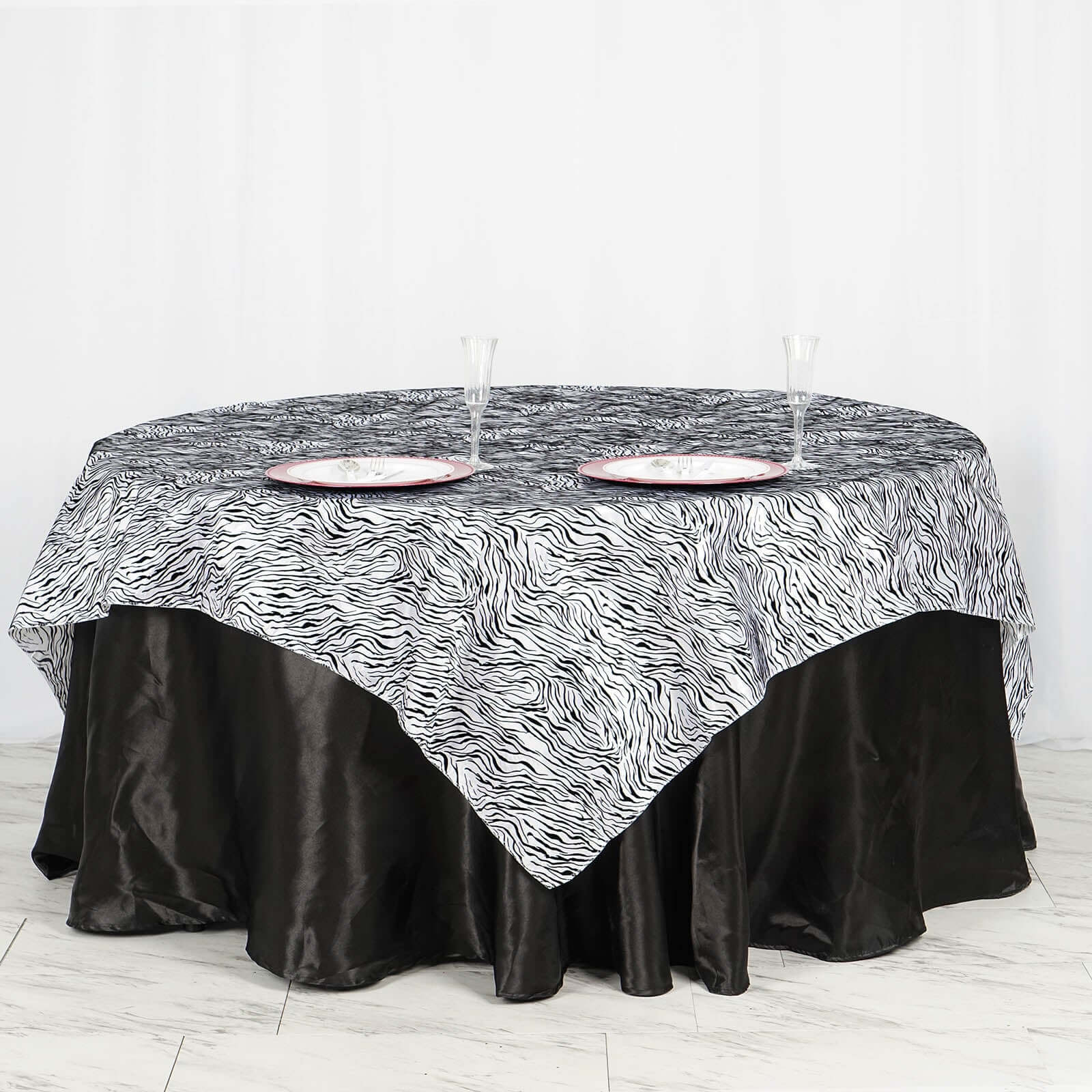 Taffeta 72"x72" Table Overlay Black and White -Tiger Print Design for Jungle Theme Parties