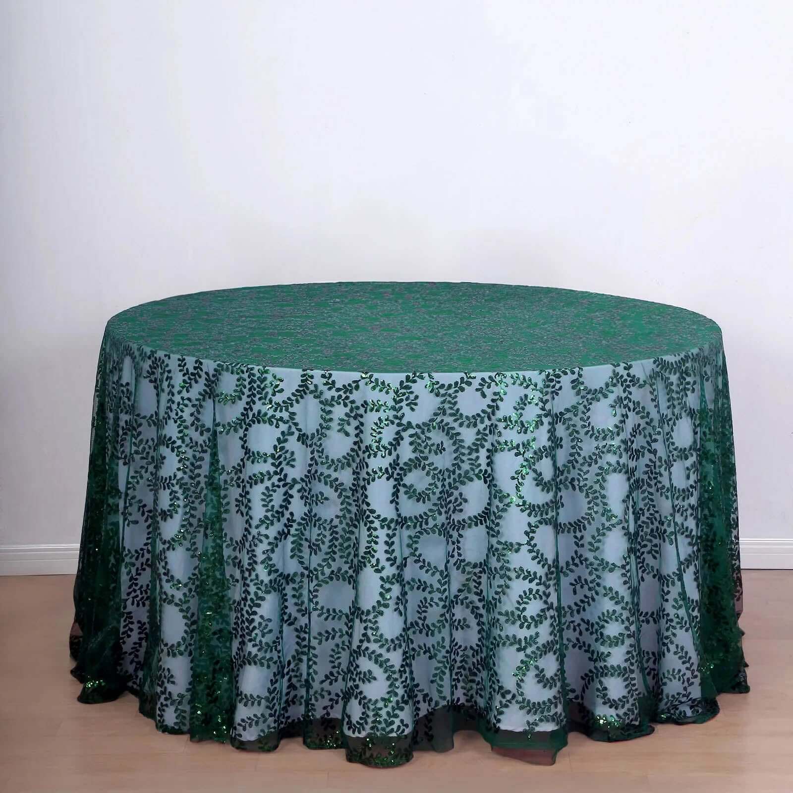 Tulle 120" Round Tablecloth Hunter Emerald Green - Seamless Sequin Leaf Embroidered Table Cover - Bell Racket Store