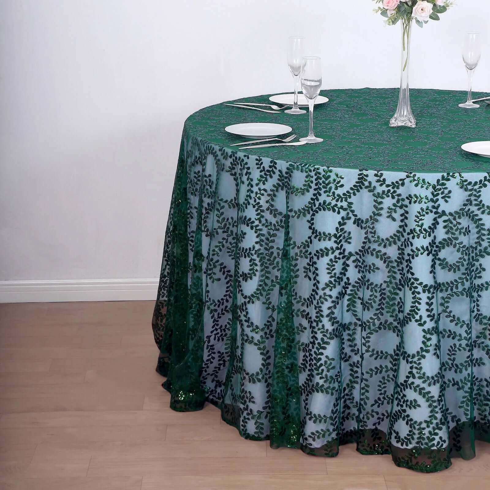 Tulle 120" Round Tablecloth Hunter Emerald Green - Seamless Sequin Leaf Embroidered Table Cover - Bell Racket Store