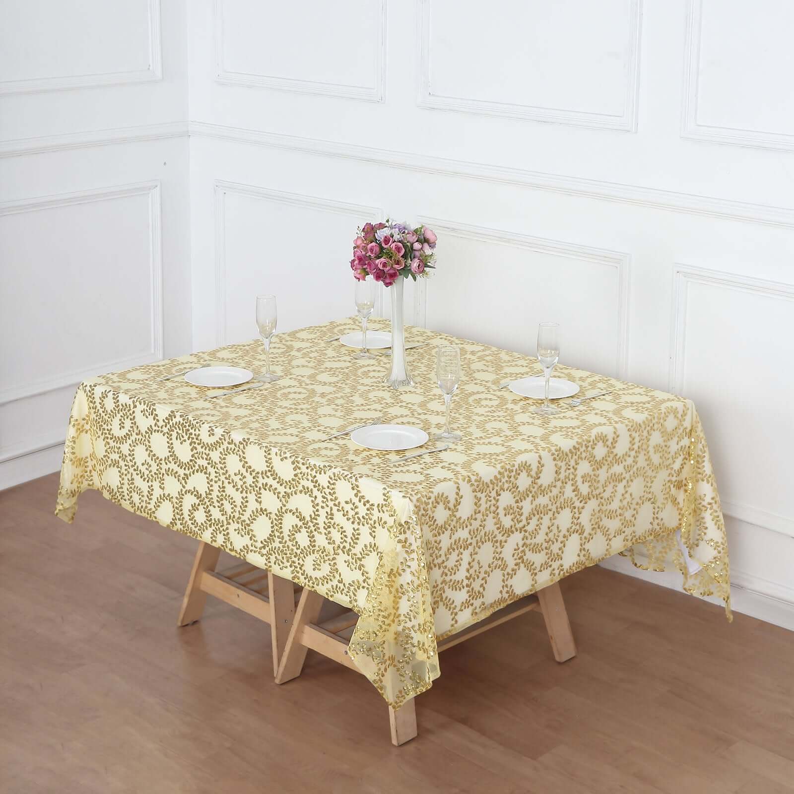 Tulle 72"x72" Table Overlay Square Tablecloth Gold - Sequin Leaf Embroidered Design for Stylish Occasions - Bell Racket Store