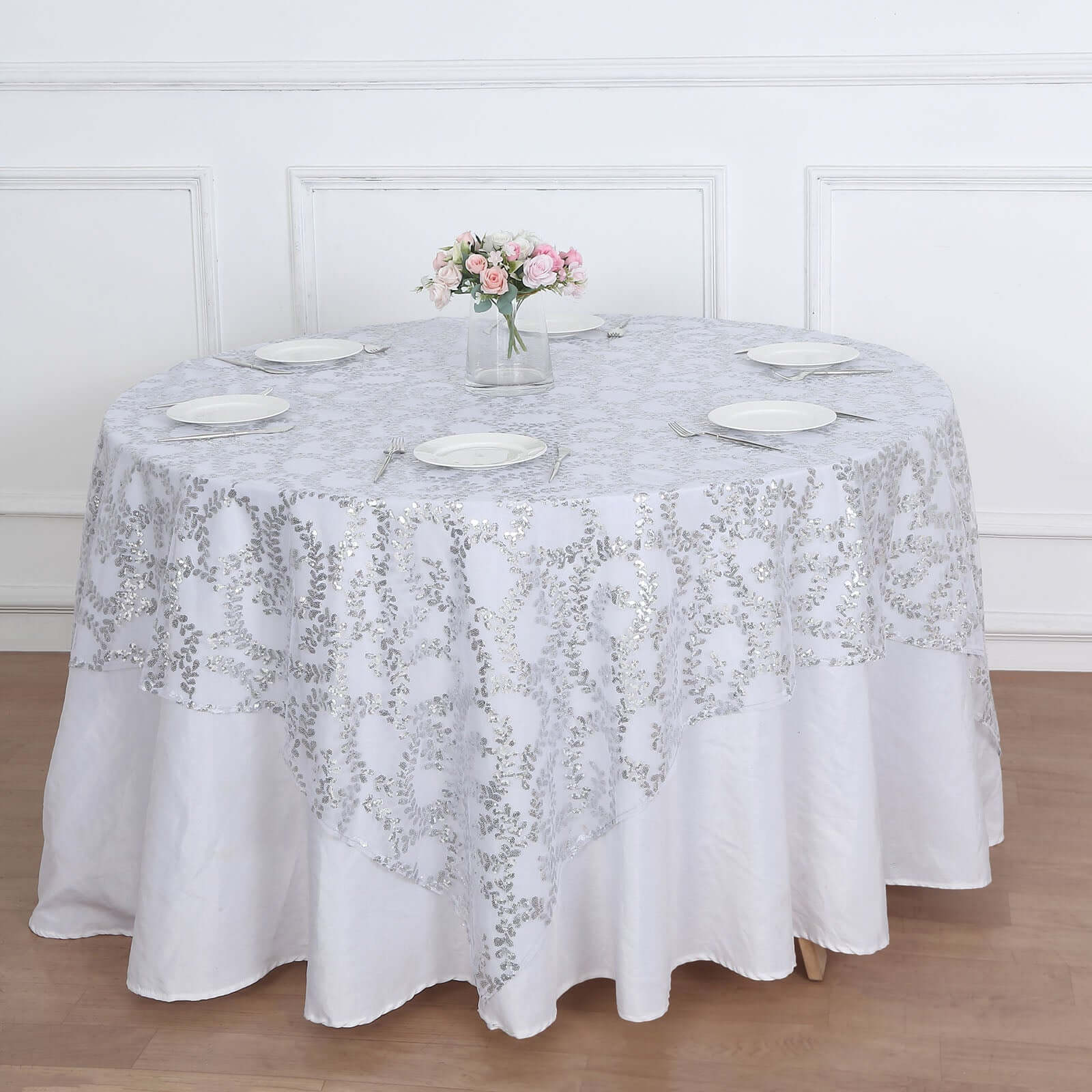 Tulle 72"x72" Table Overlay Square Tablecloth Silver - Sequin Leaf Embroidered Table Topper - Bell Racket Store