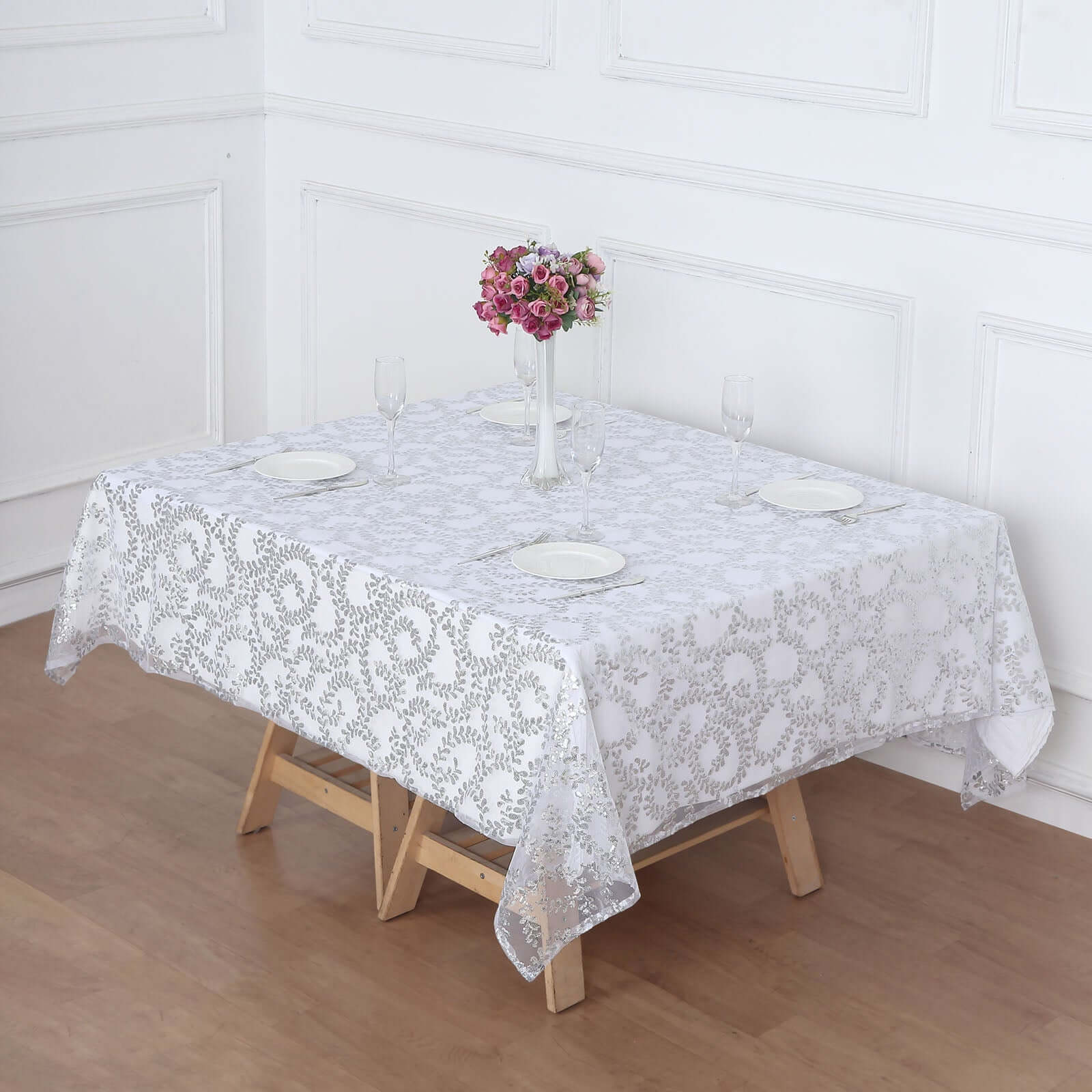 Tulle 72"x72" Table Overlay Square Tablecloth Silver - Sequin Leaf Embroidered Table Topper - Bell Racket Store