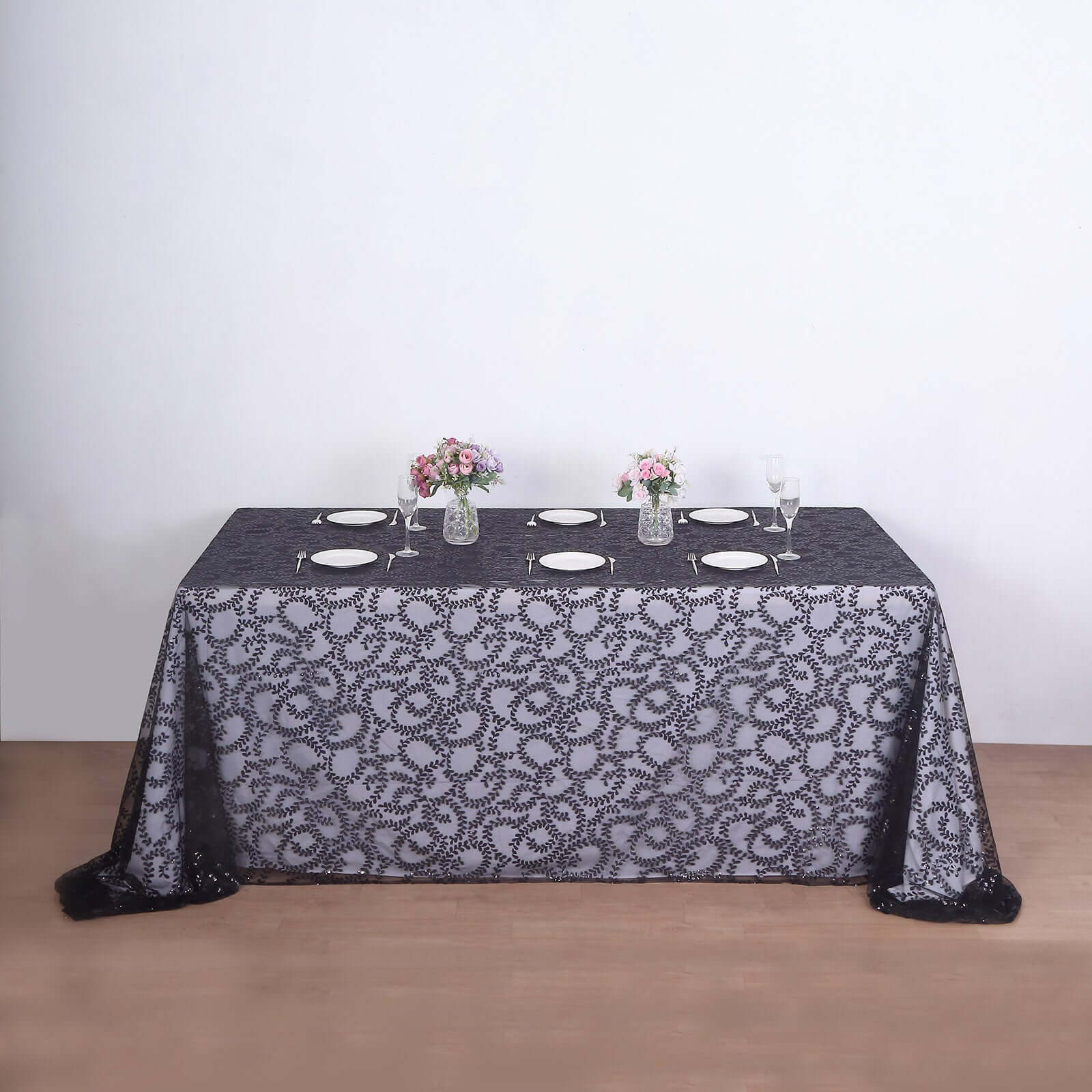 Tulle 90"x156" Rectangle Tablecloth Black - Sequin Leaf Embroidered Table Cover - Bell Racket Store