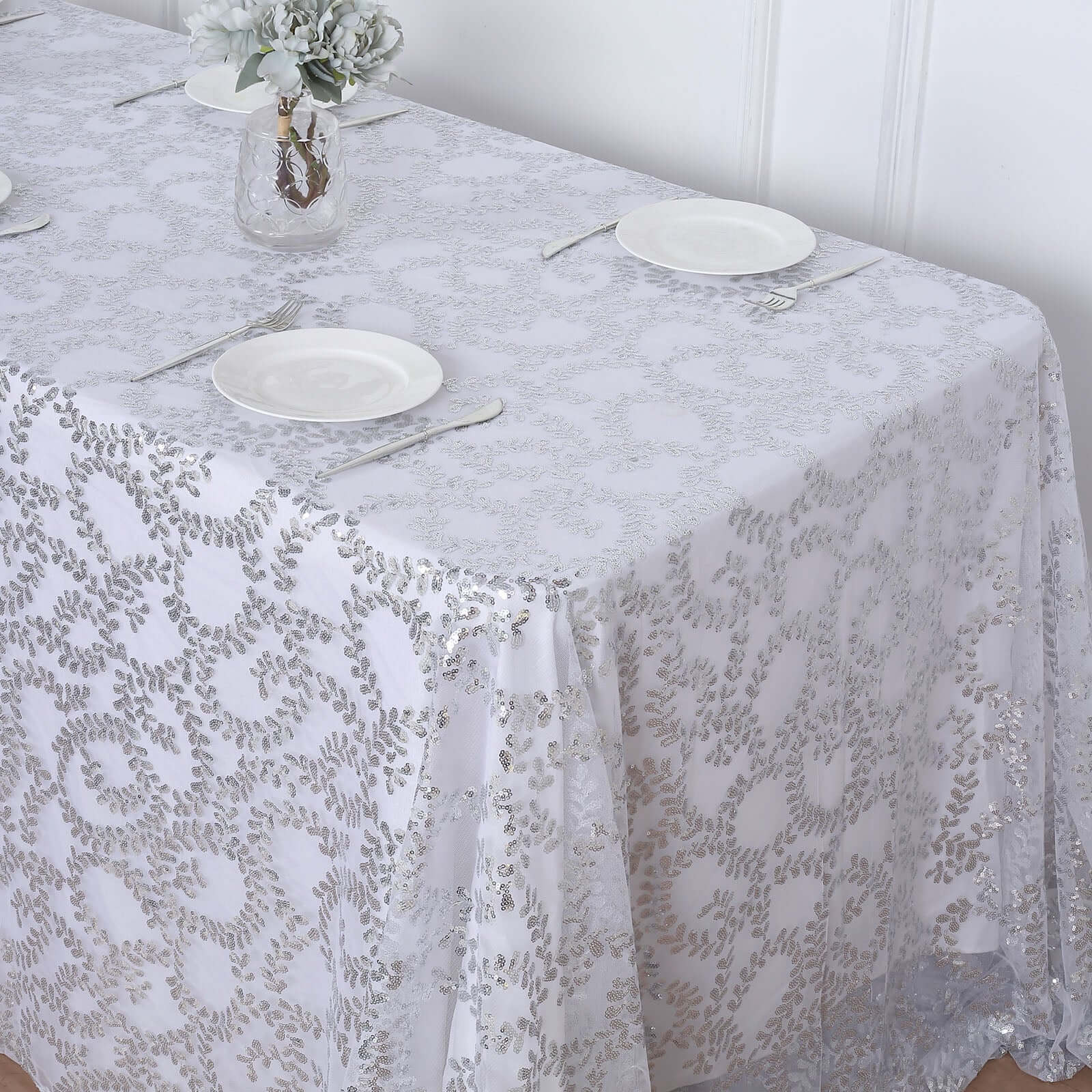 Tulle 90"x156" Rectangle Tablecloth Silver - Sequin Leaf Embroidered Table Cover - Bell Racket Store