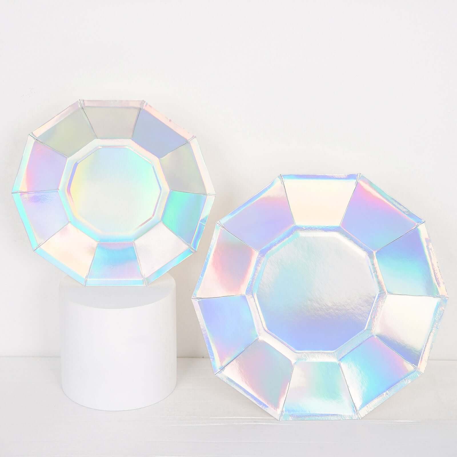 25-Pack Paper 9" Decagon Dinner Plates in Iridescent - Disposable Geometric Party Plates for Disco & Space Themed Events