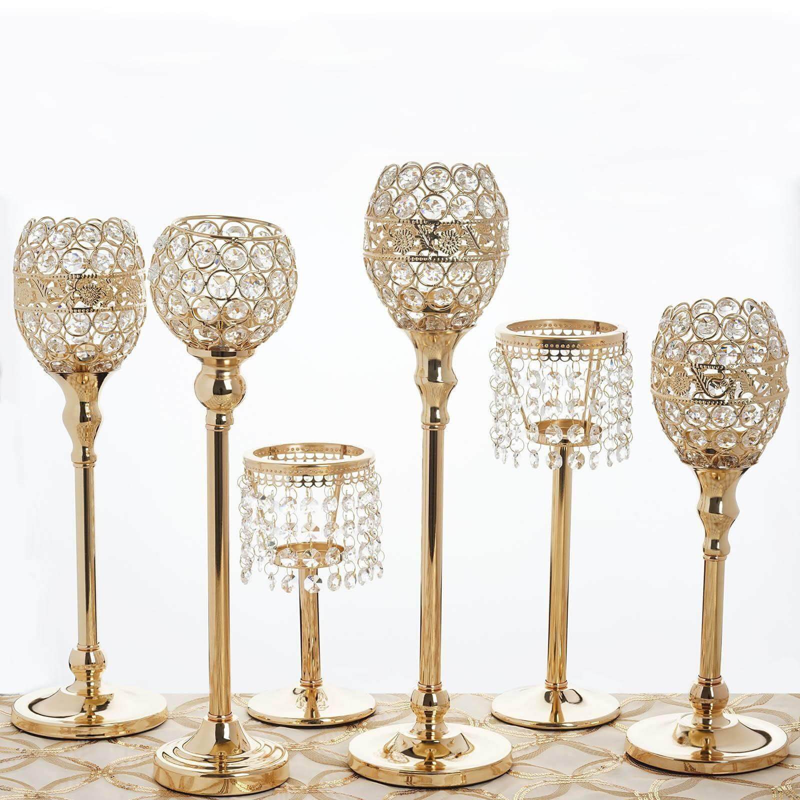 Crystal Beaded Chandelier Metal Candle Holder Gold - Sophisticated Pillar Tealight Stand 12"
