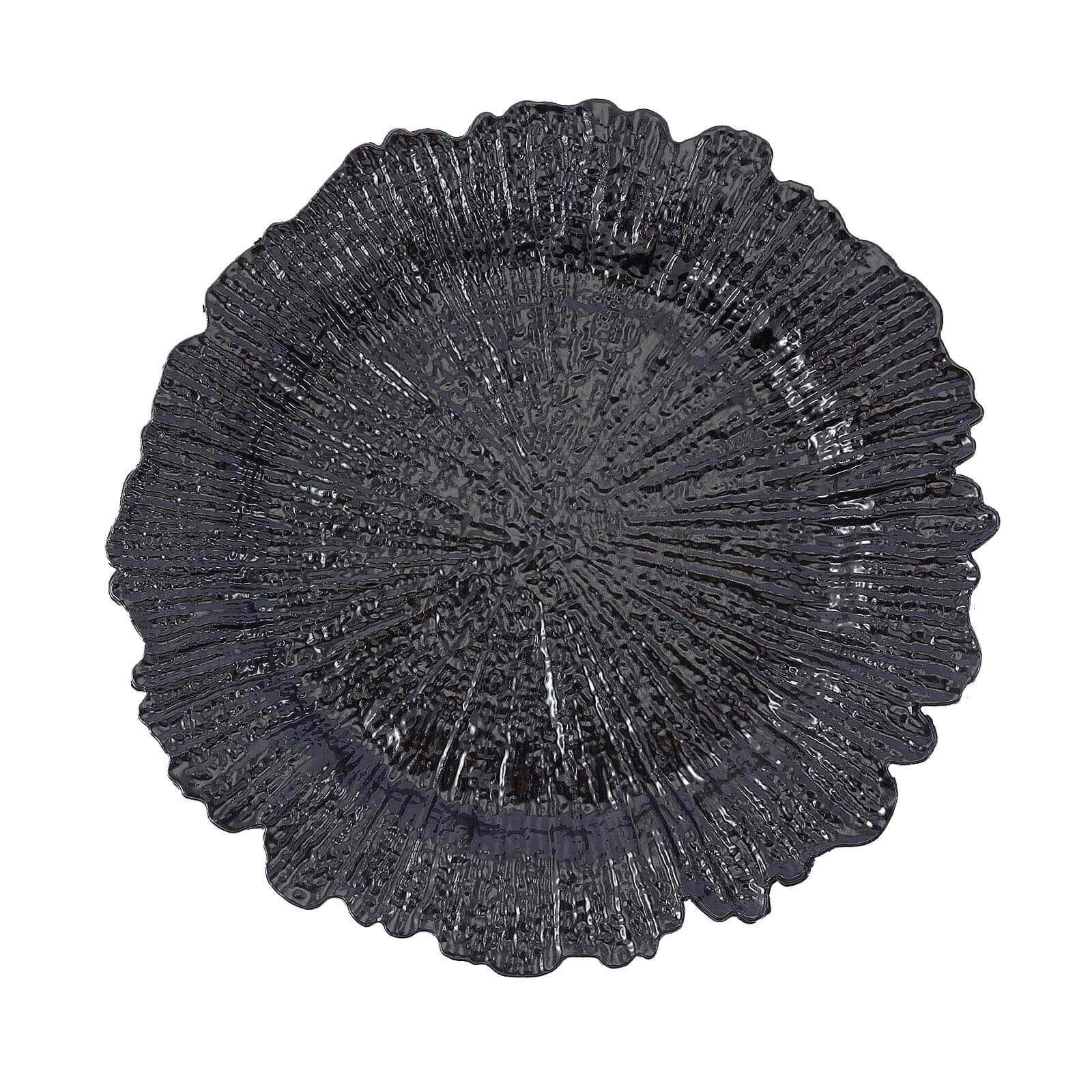 6-Pack Acrylic Plastic Round Charger Plates 13" in Black with Reef Design, Dinner Charger Tableware