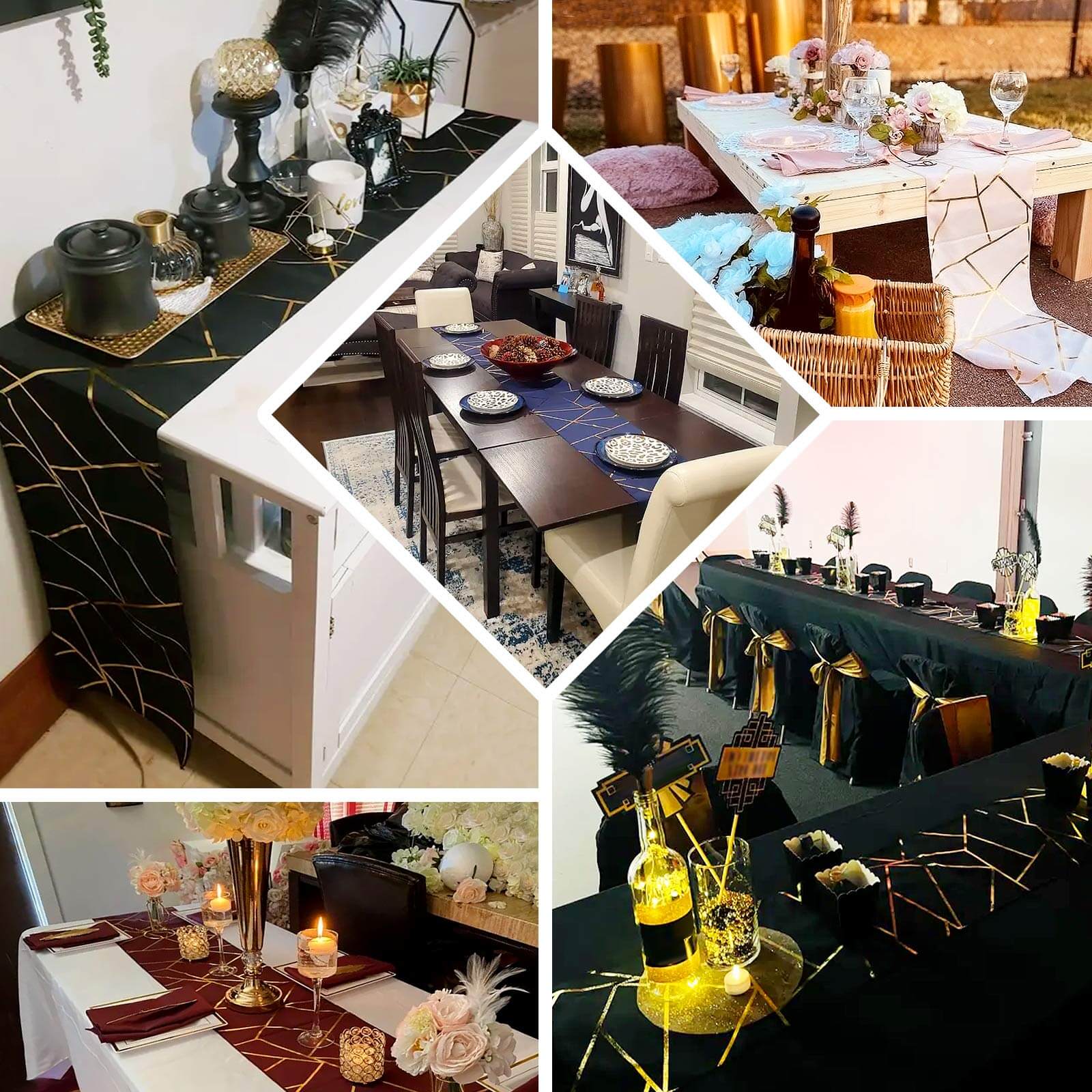 Polyester 9ft Table Runner Black with Gold Foil Modern Geometric Accent