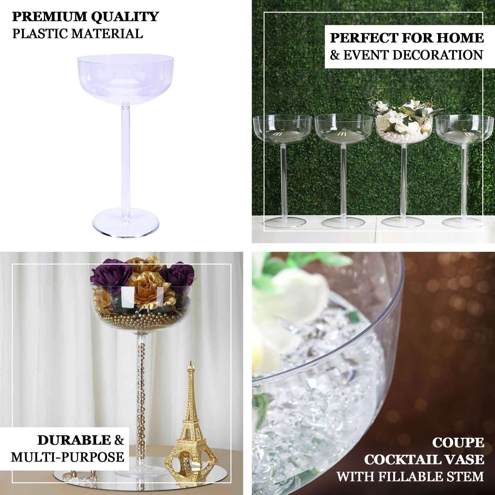 4-Pack Plastic Flower Vases Champagne Glass Design Clear - Fillable Long Stem Centerpieces for Events 18"