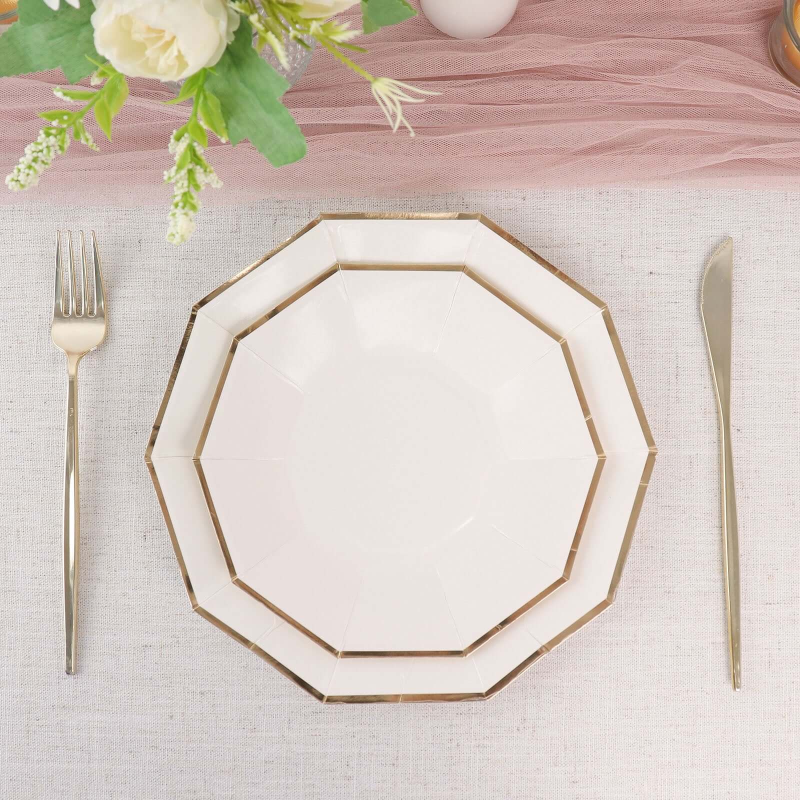 25-Pack Paper 9" Decagon Dinner Plates in White with Gold Foil Rim - Disposable Geometric Party Plates for Modern Weddings & Events