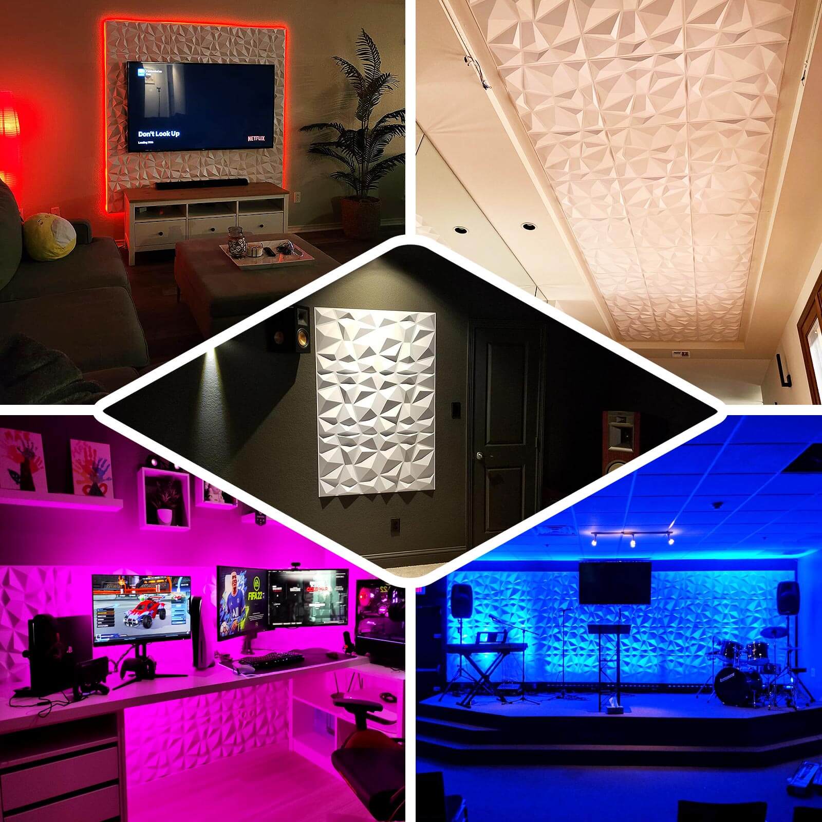 12 Pack 20"x20" Matte White 3D Texture PVC Diamond Design Wall Tiles, Stick On Waterproof Wall Panels