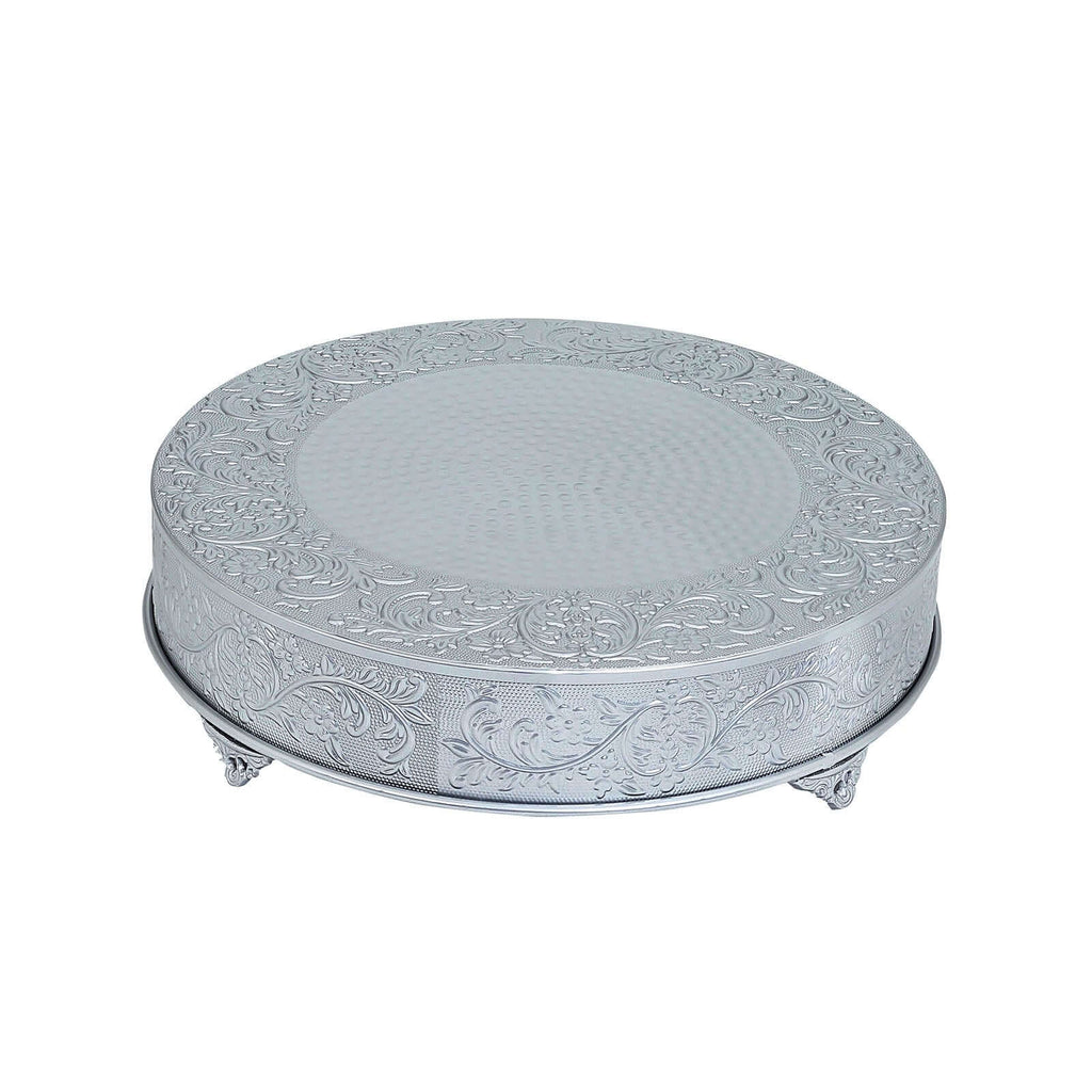Metal 22" Round Cake Pedestal Stand Matte Silver - Cupcake Dessert Display Riser with Intricate Embossed Design for Upscale Events & Gatherings