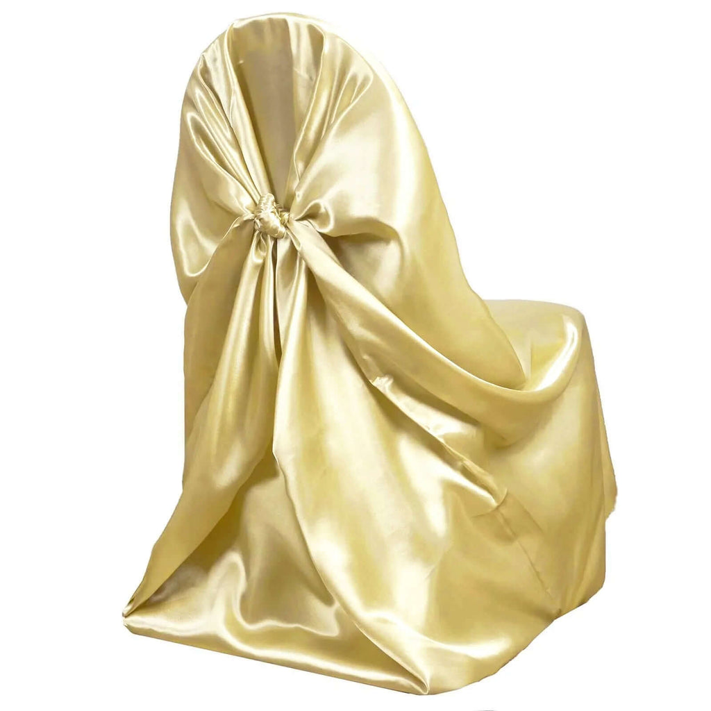 Satin Chair Cover Self-Tie Universal Design Champagne - Durable Slip-On Cover for Folding, Dining, Banquet & Standard Chairs