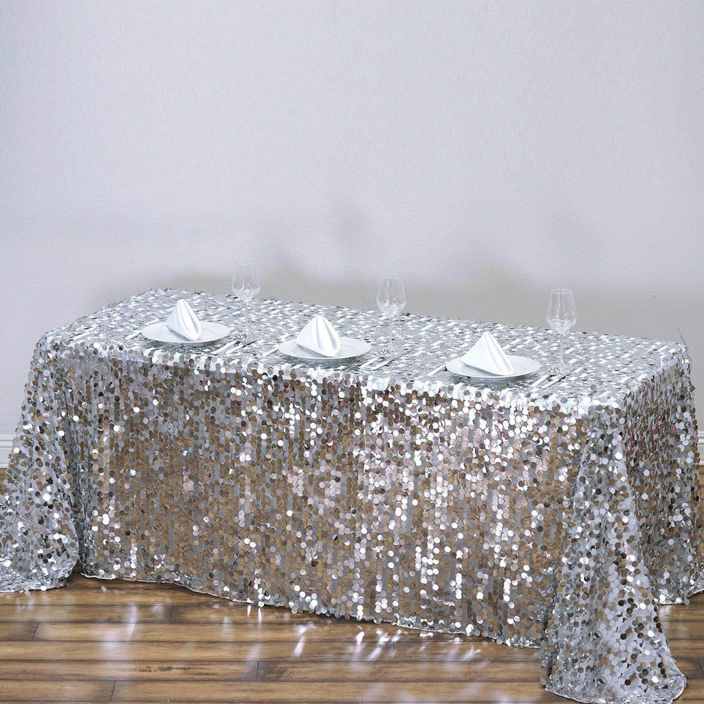Sequin 90"x156" Rectangle Tablecloth Silver - Seamless Big Payette Table Cover