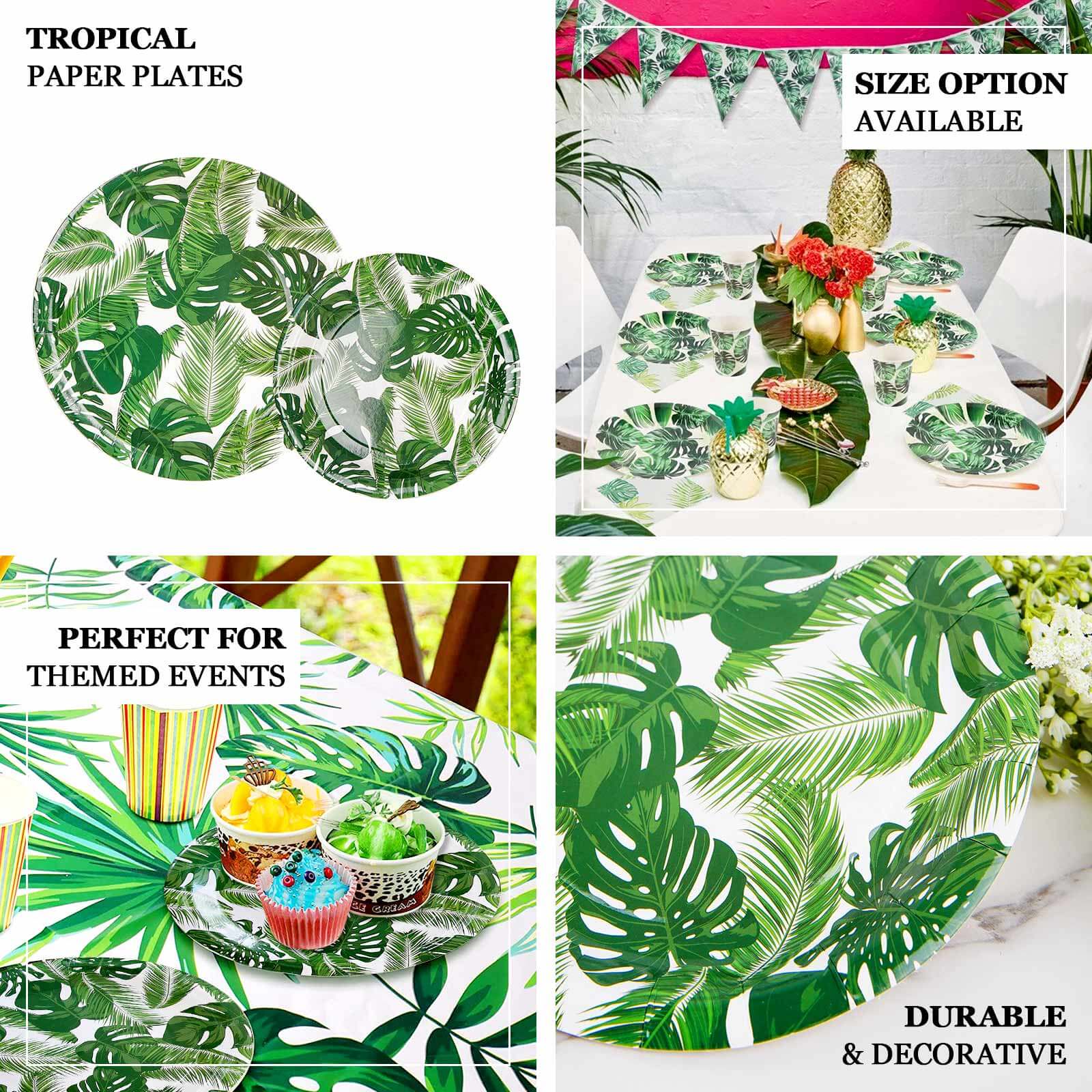 25-Pack Paper 7" Round Dessert Plates in White with Tropical Palm Leaf Design - Disposable 300GSM Appetizer Salad Plates for Boho Chic & Jungle Themed Events