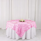 Satin 72"x72" Table Overlay Square Tablecloth Pink - 3D Rosette Table Cover