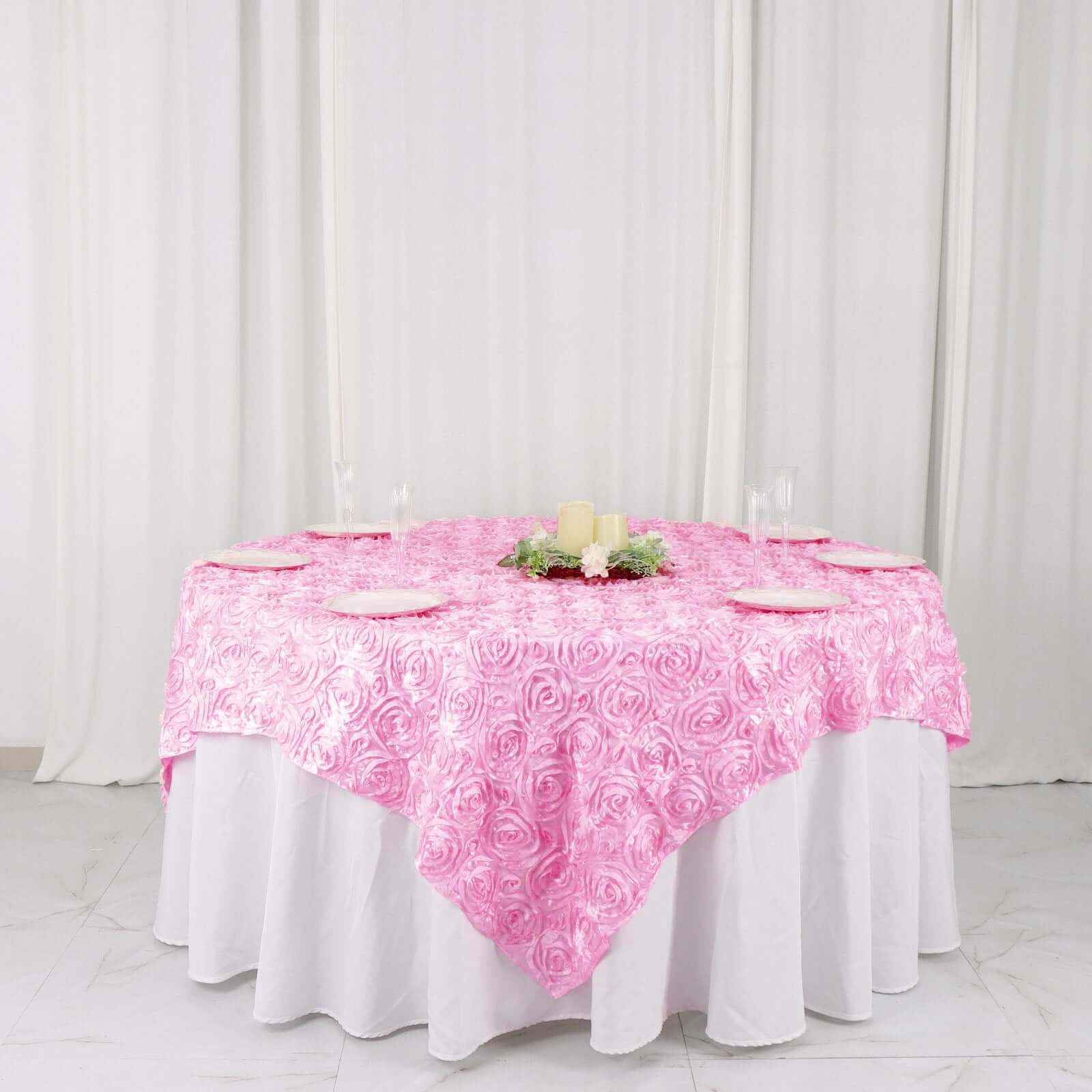 Satin 72"x72" Table Overlay Square Tablecloth Pink - 3D Rosette Table Cover